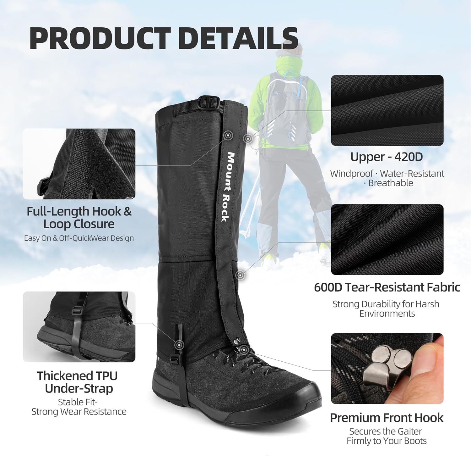 Waterproof Leg Gaiters – 420D/600D Nylon Boot Covers, Cold-Resistant TPU Straps, Hiking, Mountaineering, Skiing & Hunting