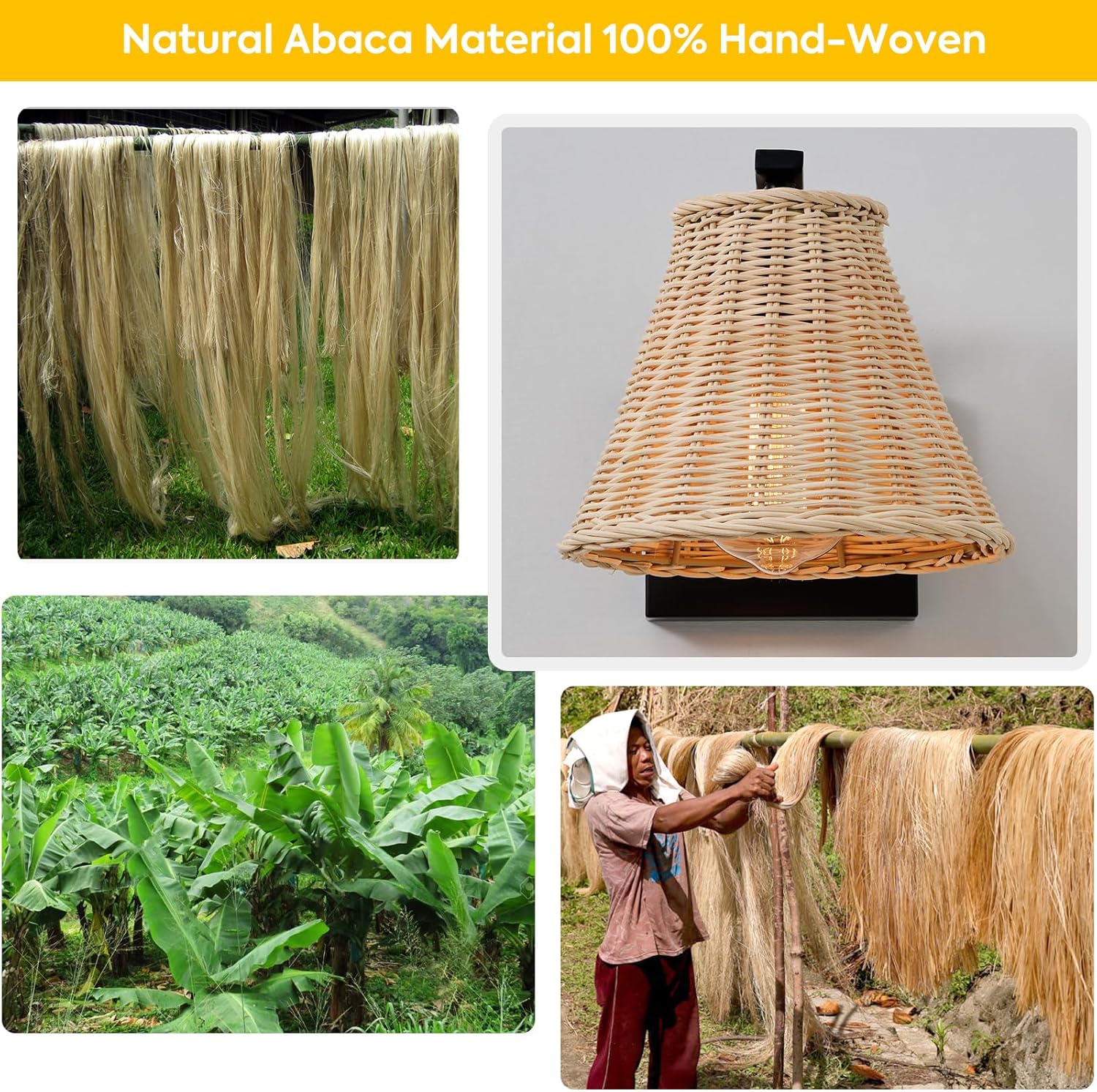 Boho Rattan Wall Sconce Set of Two, Wrapped Wall Light Fixtures with Hand Woven Wicker Lamp Shade, Farmhouse Rustic Indoor Wall Mount Lighting Fixture for Bedroom Bedside Living Room Hallway Bathroom