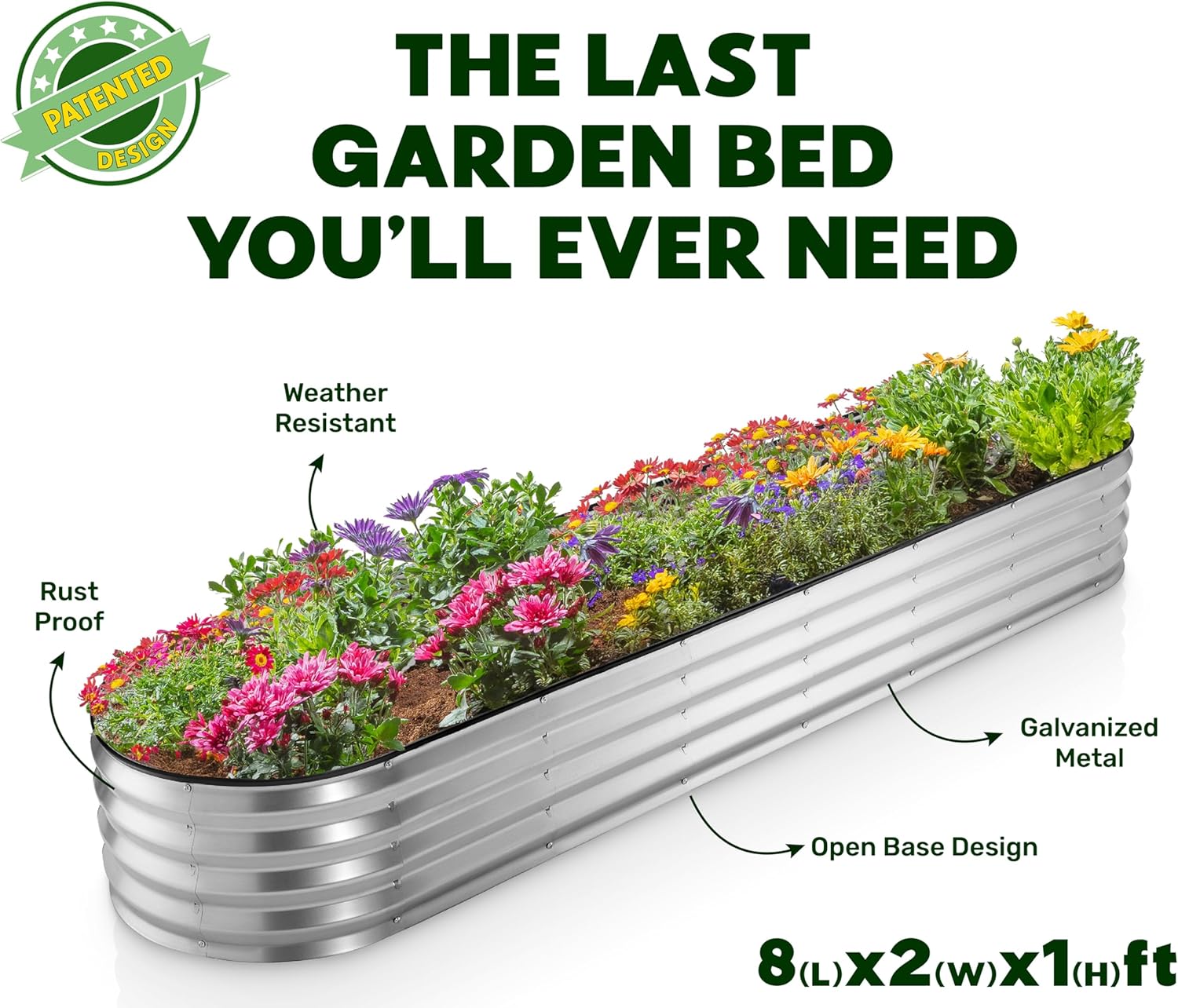 Plant & Plot Galvanized Raised Garden Beds Outdoor // 8×2×1 ft Planter Raised Beds for Gardening, Vegetables, Flowers // Large Metal Garden Box (Silver) // Patented Tool-Free Design