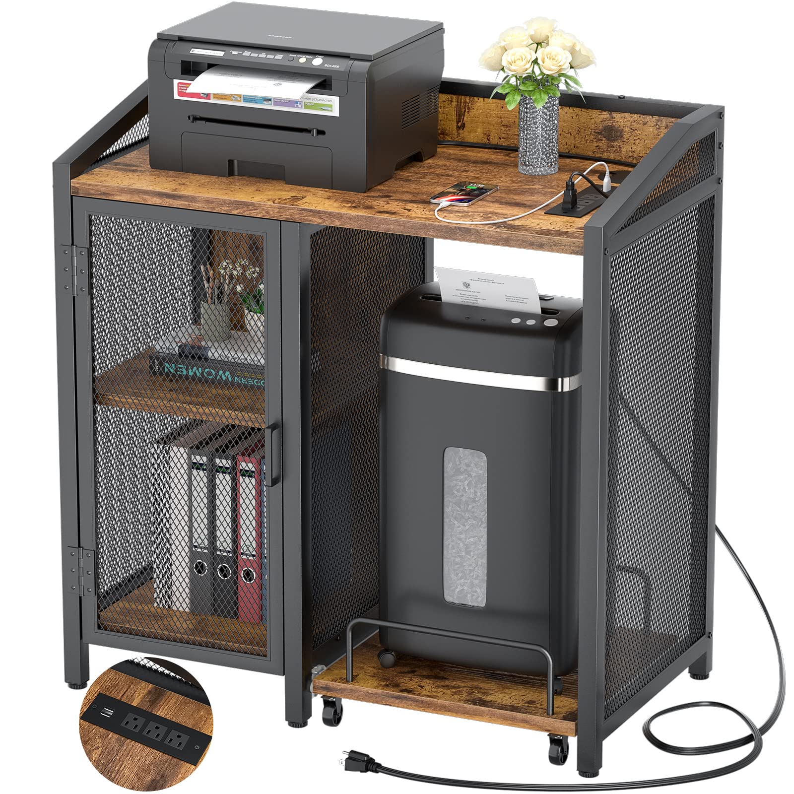 Unikito3-Tier Lateral Office Filing Cabinets with Socket and USB Charging Port, Modern Printer Stand and Paper Shredder Stand Rack with Wheels and Open Storage Shelves for Home Office, Rustic Brown