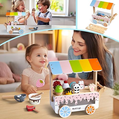 Miniatura 7 de Carrito de helado de madera con juguetes de helado, juego de simulación, accesorios de cocina con paleta de hielo, cucharada y menú, juguetes de