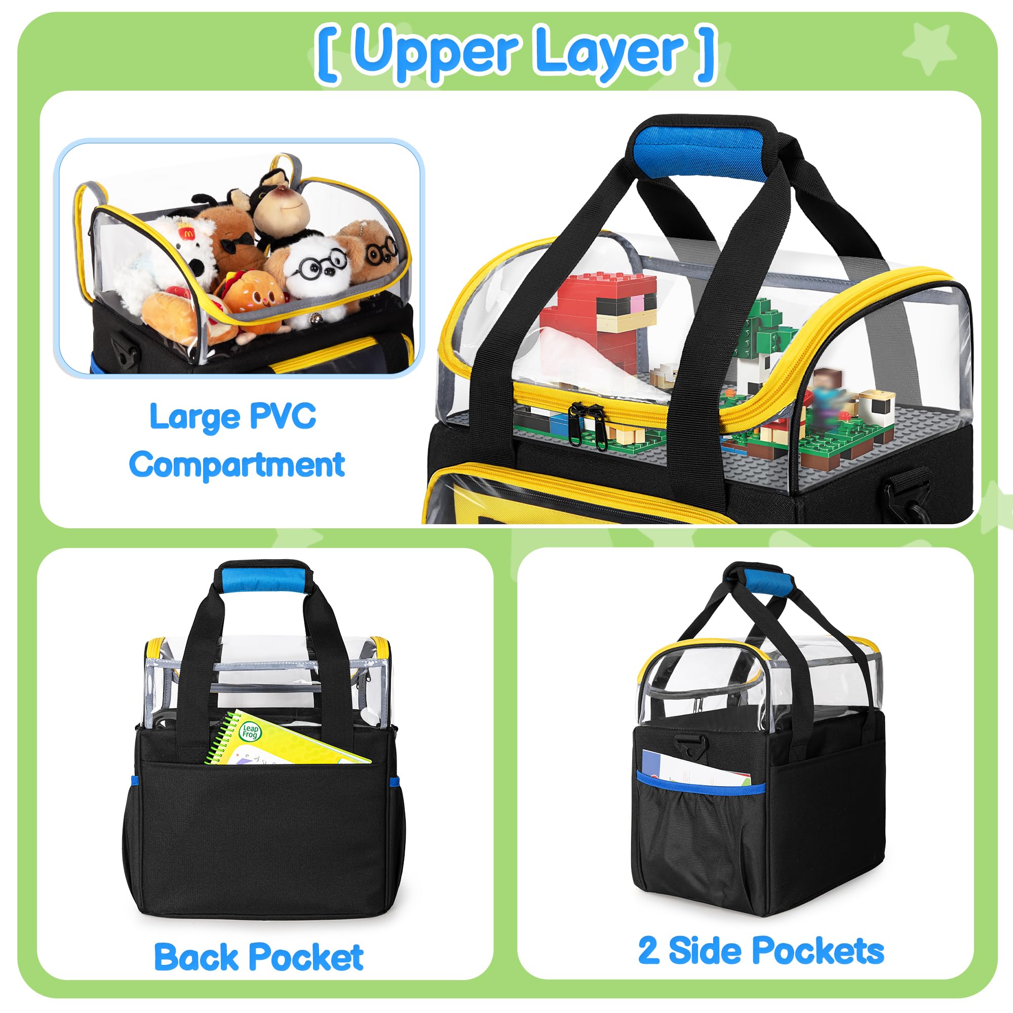 Rexmica 4 Piezas Bolsas Guardar Juguetes, Doble Capa Bolsa para Transportar | para Bloques Construcción, Piezas Magnéticas, Juegos de Mesa y Otros Juguetes, Contenedores de Almacenamiento Juguete, Negro