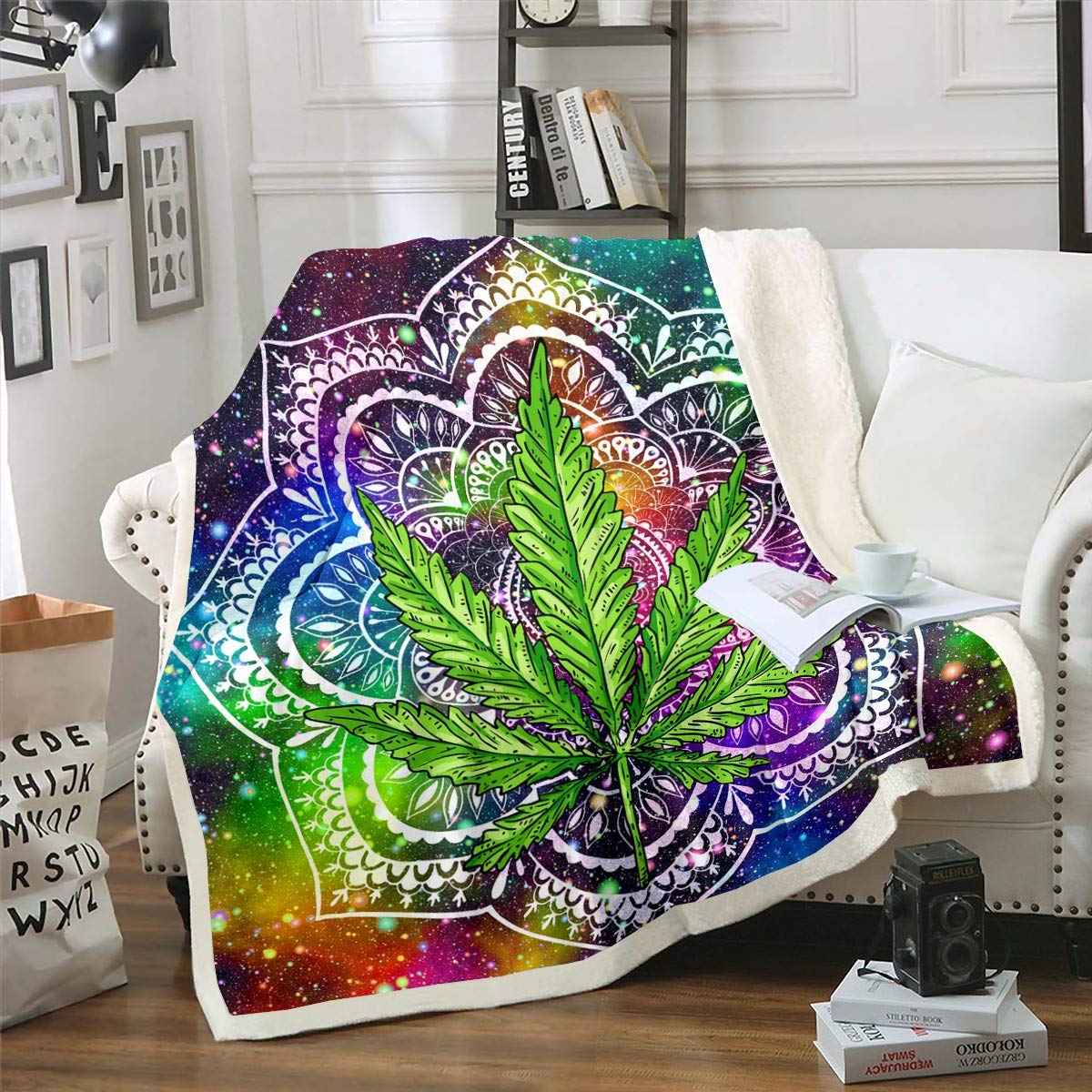 Coperta In Pile Con Foglie Di Cannabis | Copripiumino E Federe | Morbida Sherpa | Singola, Doppia, King | Verde Foglia