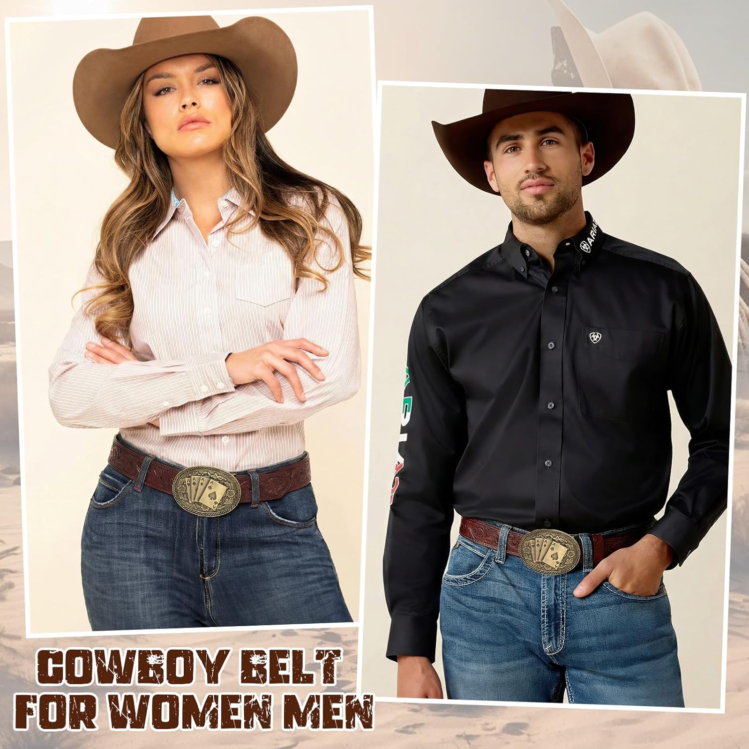 Western Belts for Men Women Genuine Leather Cowboy Belt with Longhorn Poker Western Buckle Classic Country Style - Image 3