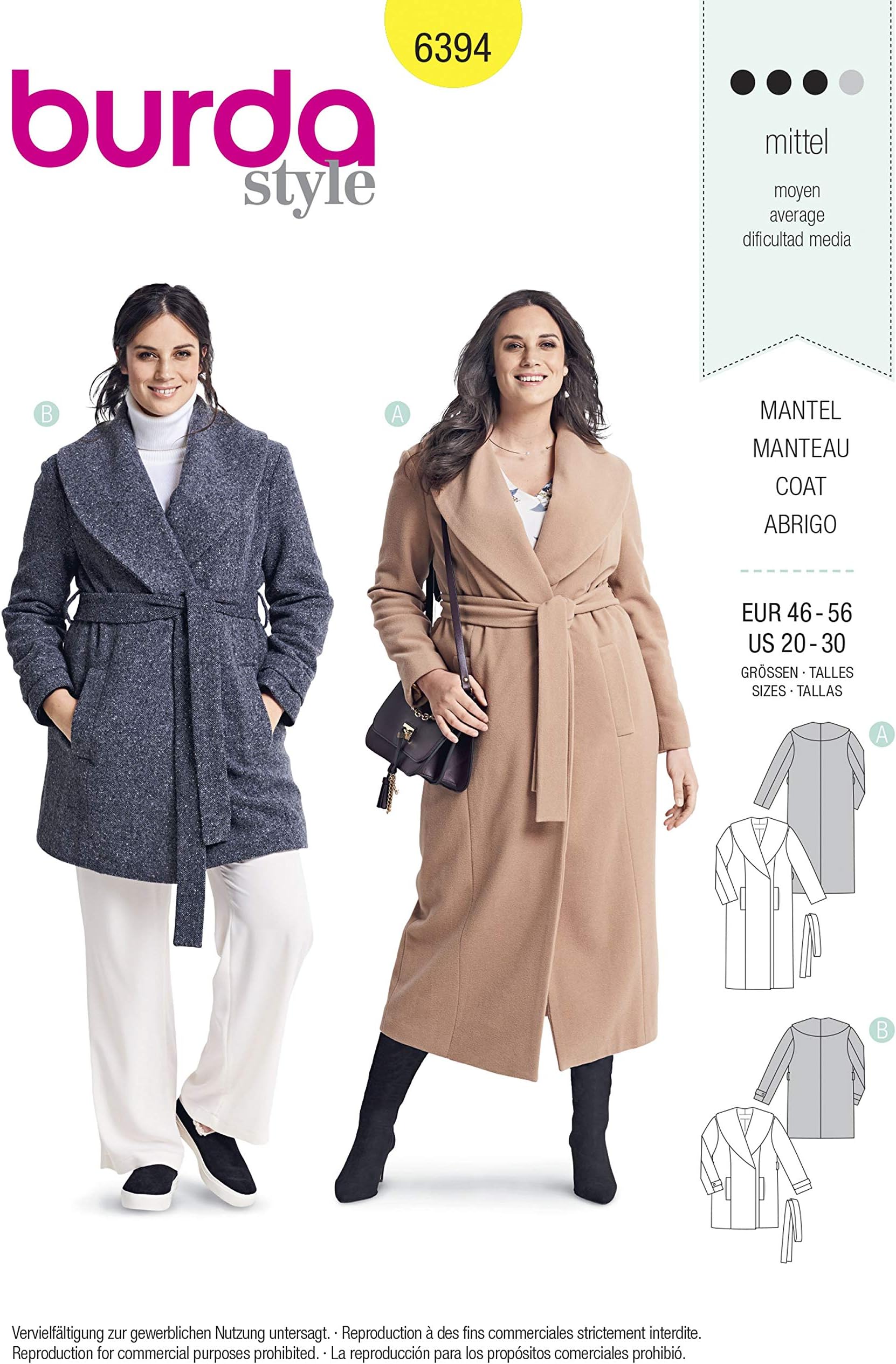Burda Style Sewing Pattern B6394 - Women's Wrap Coat, A(20-22-24-26)