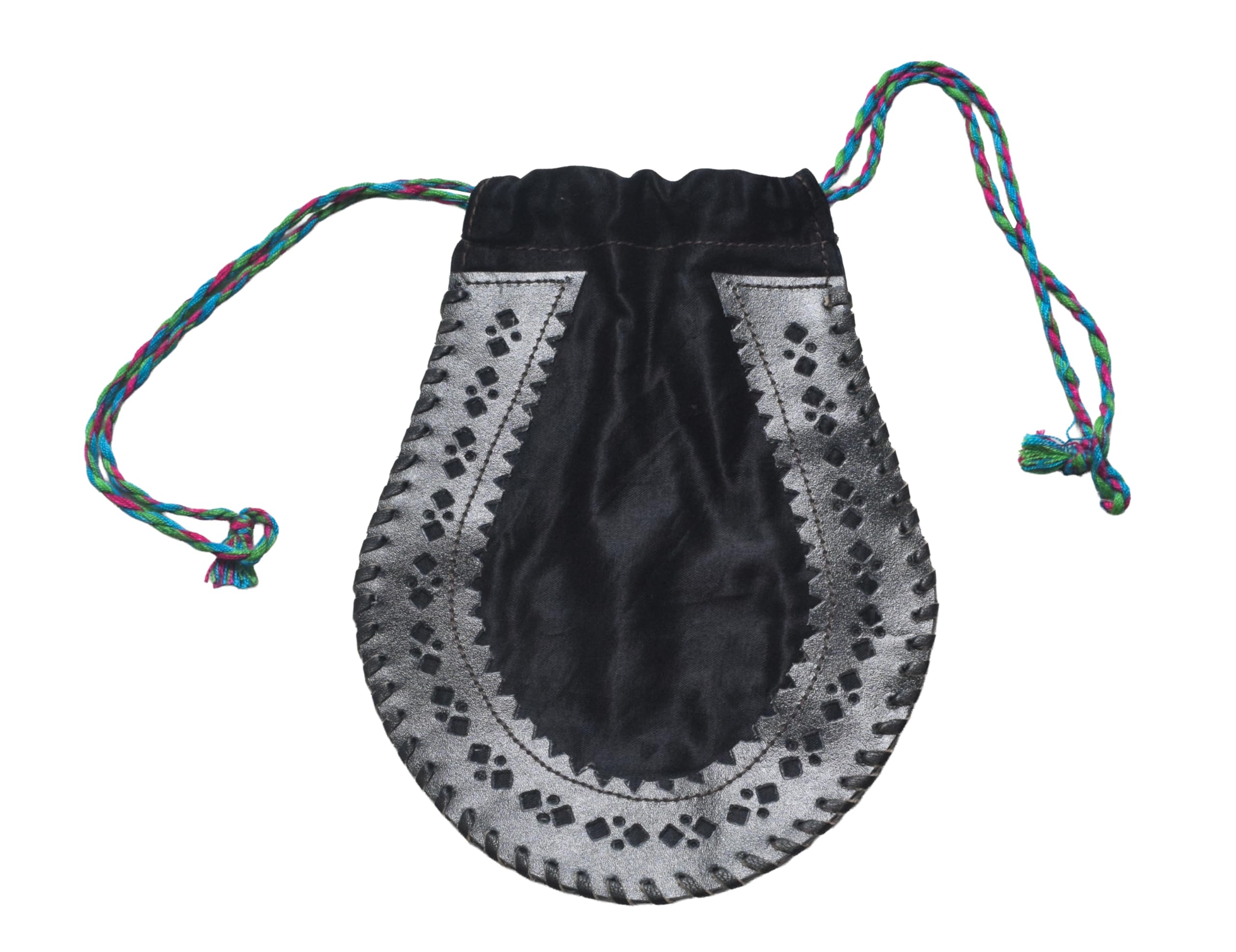 Ethnics of Kutch Women Leather Craft Punch Work Mashru Silk Potli - 24 cms Length x 18 cms Width (Black 08703B)-image-33