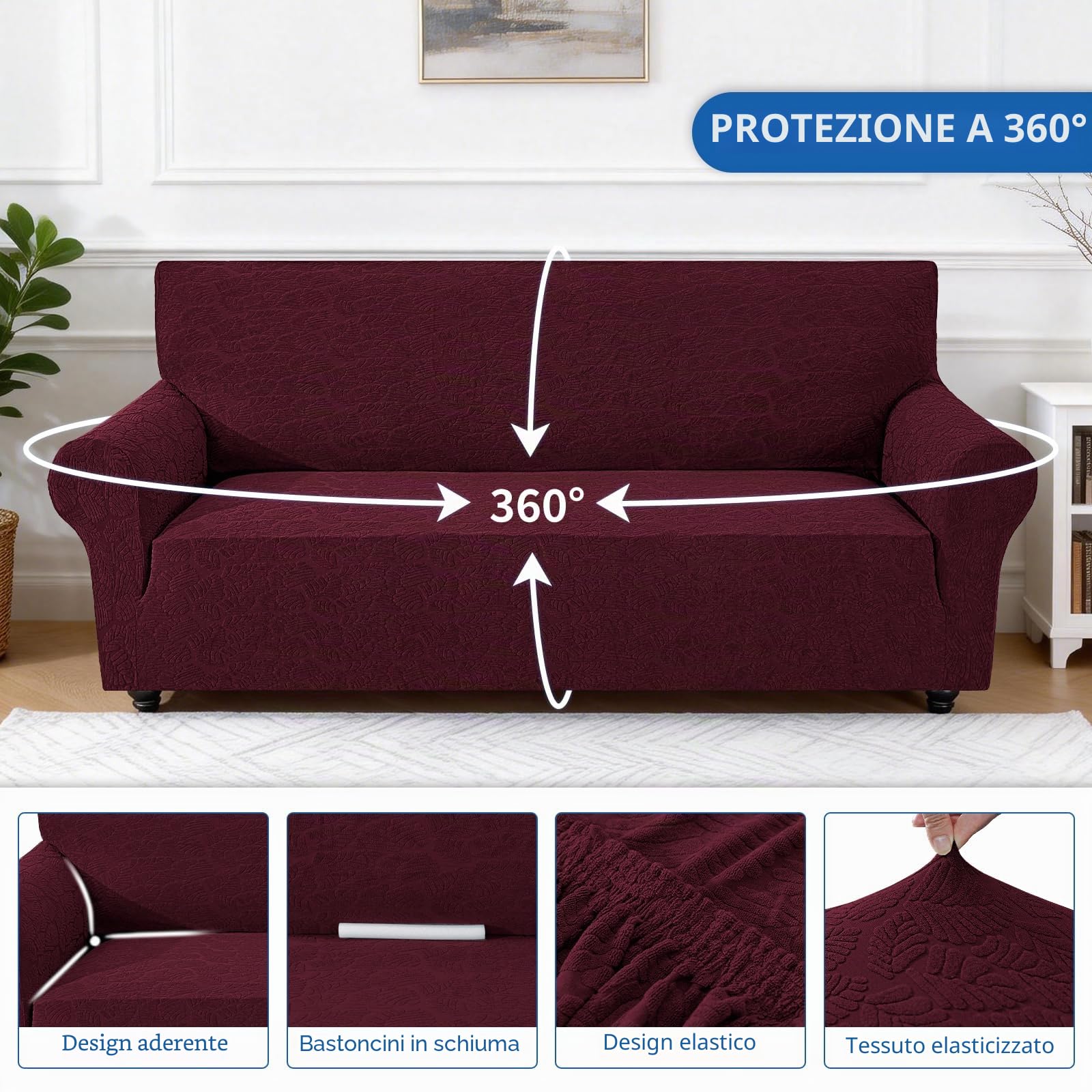 YSTELLAA Copridivano 3 Posti Con Braccioli, Universale Copri Divano Elasticizzato Lavabile, Copridivani Antimacchia Antiscivolo, Sofa Cover Antigraffio Gatto, Per Soggiorno, Rosso