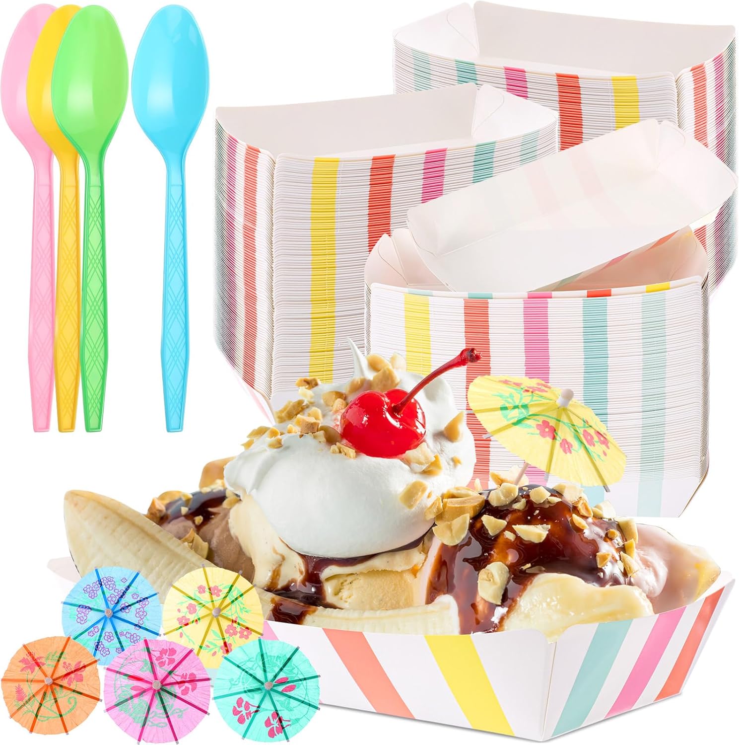 FoldTier 60 Set Colorful Food Trays Boat Paper Disposable Banana Split Boats with Umbrellas 8 oz Bowls for Birthday Summer Party Supplies Dessert (Polka Dot Style,Colorful)