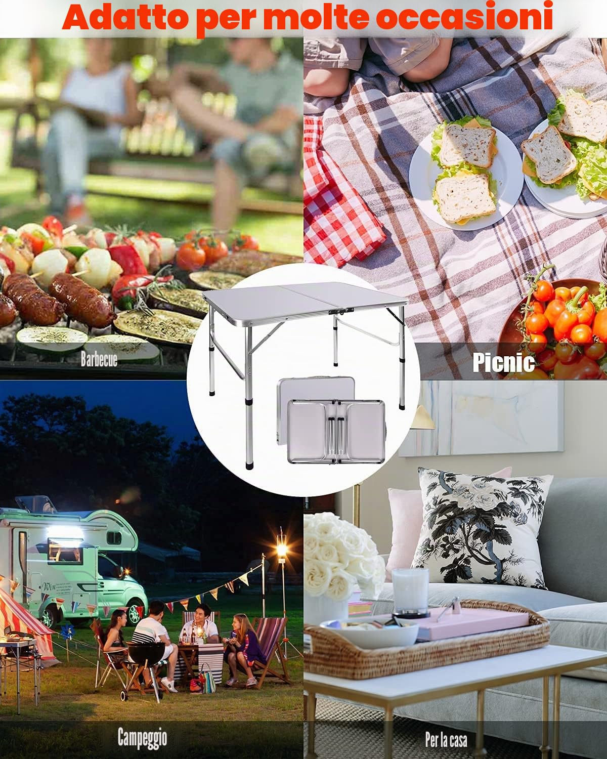 Tavolo pieghevole da picnic, 90 cm, in alluminio resistente, portatile, regolabile in altezza, leggero, per campeggio, con maniglia per il trasporto, per cucina, cena, catering, buffet e giardino (90