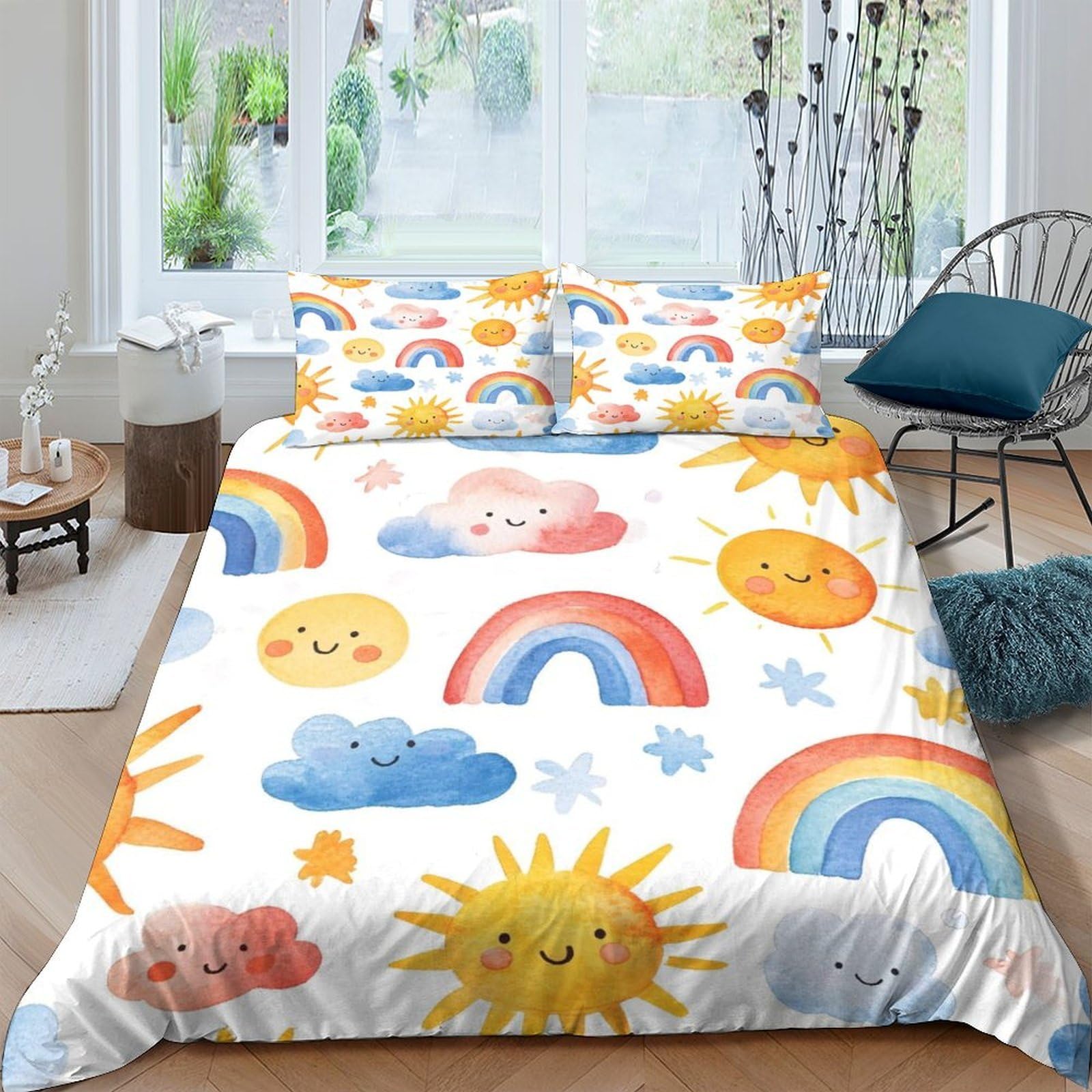 Ctjqhvkz Style-8 3D Printed Sun Rainbow Fitted Sheet Microfiber Soft Clouds Bed Cover For Bedroom Dorm Mattress Decor Washable Single（135X200cm）