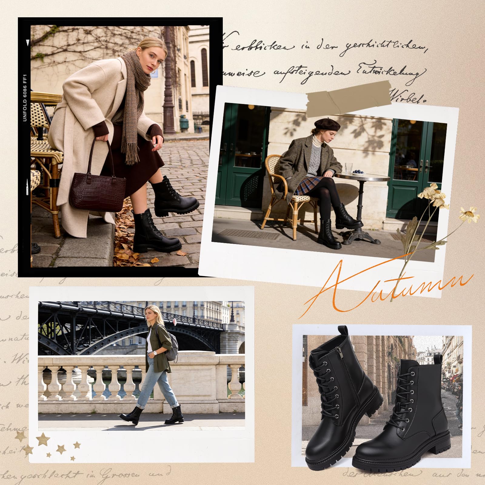 Damen Stiefeletten Wasserabweisend Seitlichem Reißverschluss Schnürung Combat Boots Damen Biker Boots mit Rutschhemmender Profilsohle Plateau Kurzstiefel für Herbst Winter Freizeit Ankle Boots Schwarz