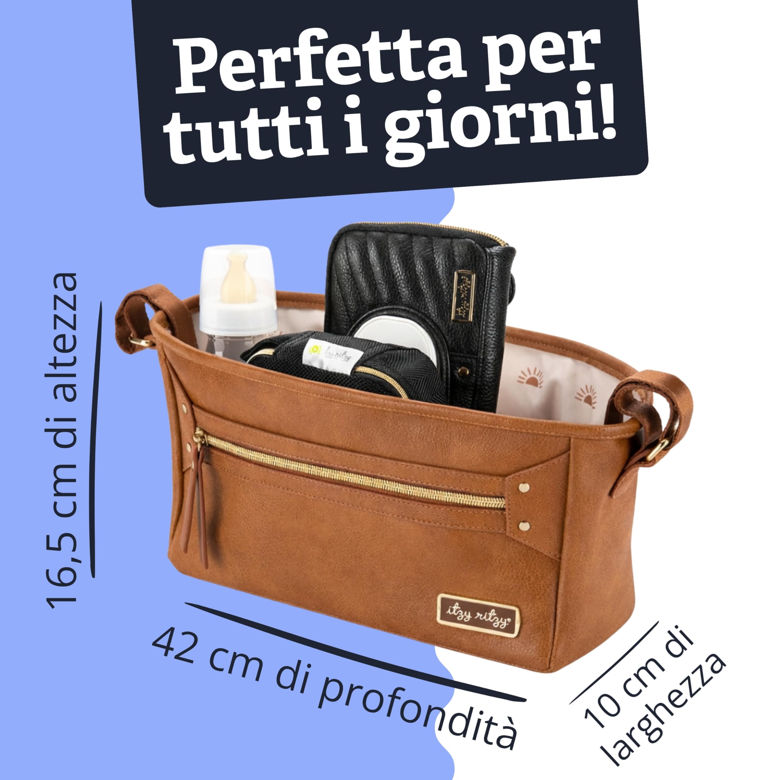 Itzy Ritzy Organizer regolabile per passeggino, dotato di due tasche frontali integrate con cerniera e cinghie regolabili per adattarsi a quasi qualsiasi passeggino, caffè e crema