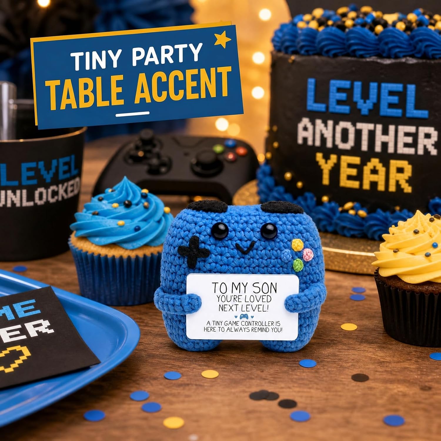 BOBPPOP Handmade Crochet Game Controller Plush with to My Son You are Loved Next Level Card, Mini Amigurumi Gaming Desk Decor & Emotional Support Gift for Son, Stocking Stuffer(Blue