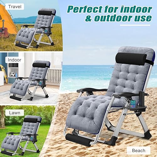 Miniatura 7 de Silla de gravedad cero, sillón reclinable de césped, silla reclinable para patio, tumbona plegable portátil con cojín suave desmontable, soporte