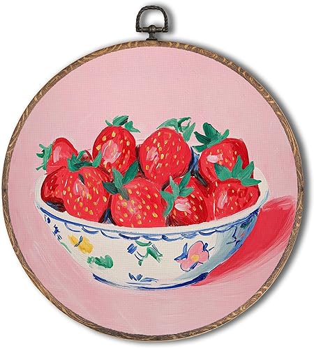 Tzhim Arte de pared redondo de color rosa fresa rosa, decoración de pared redonda vintage de fresa preppy, enmarcada, esculturas de lienzo estéticas