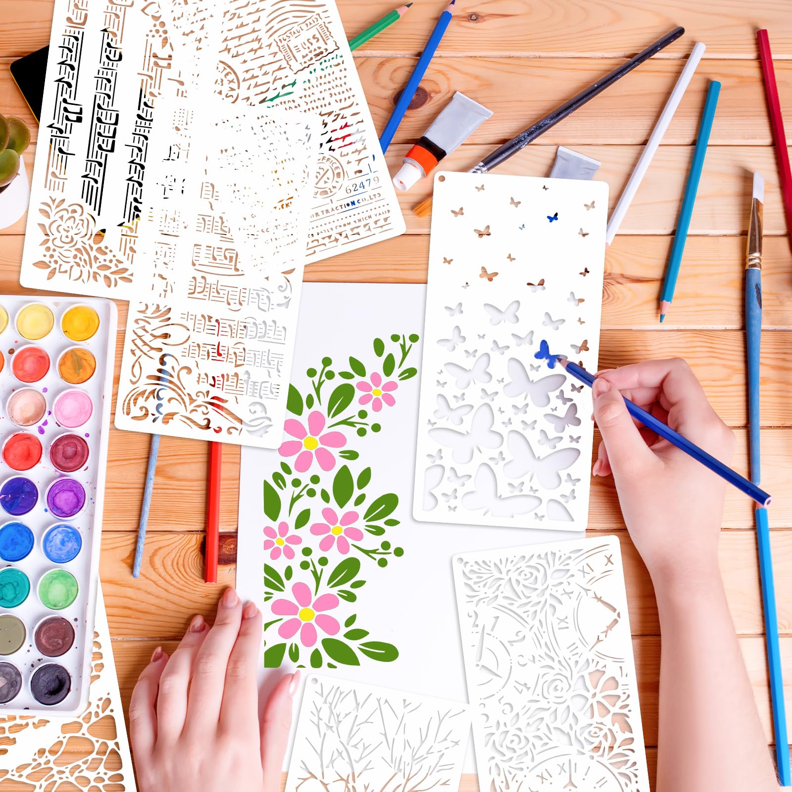 MWOOT 8 Pezzi Stencil per Pittura Riutilizzabili, Stencil Modelli di Pittura Texture Note Musicali Rami Fiore in Plastica per Mobili Muro Legno Design Scrapbooking DIY 30 x15 cm