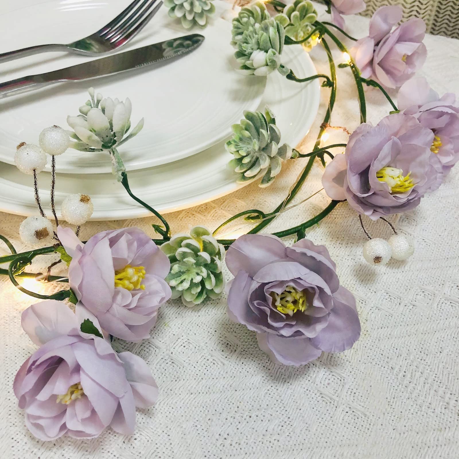 Riaxuebiy Rose Succulents String Lights, Artificial Rose Flower Vine Garland 20 LED 6.56 FT Battery Powered Fairy Light for Home Kitchen Garden Office Wedding Party Bedroom Wall Decor (Purple)