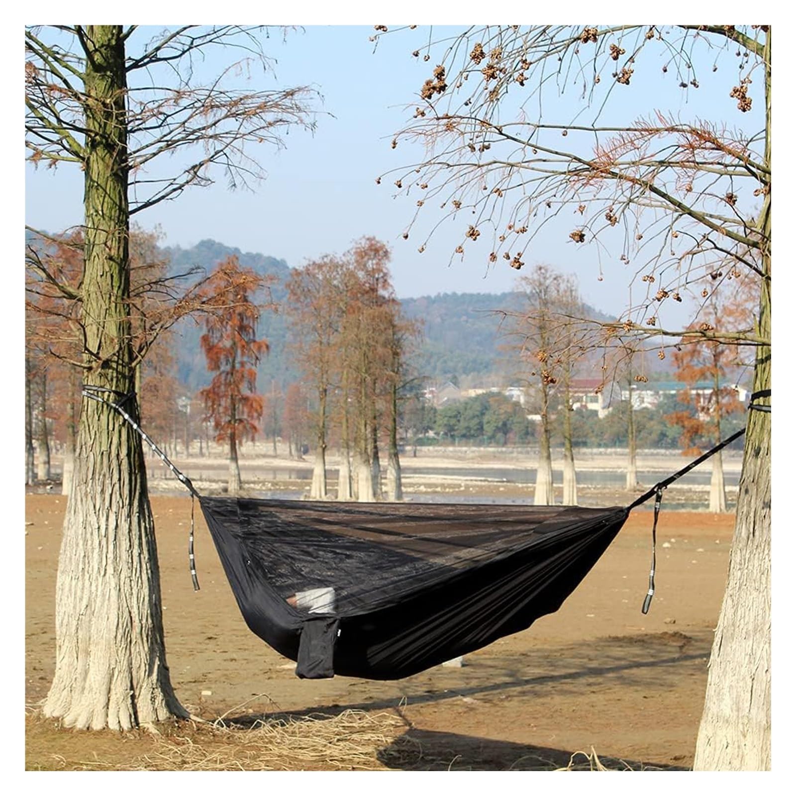 Amaca doppia con zanzariera for campeggio e viaggi altalena paracadute leggera in nylon 210T(Dark grey)