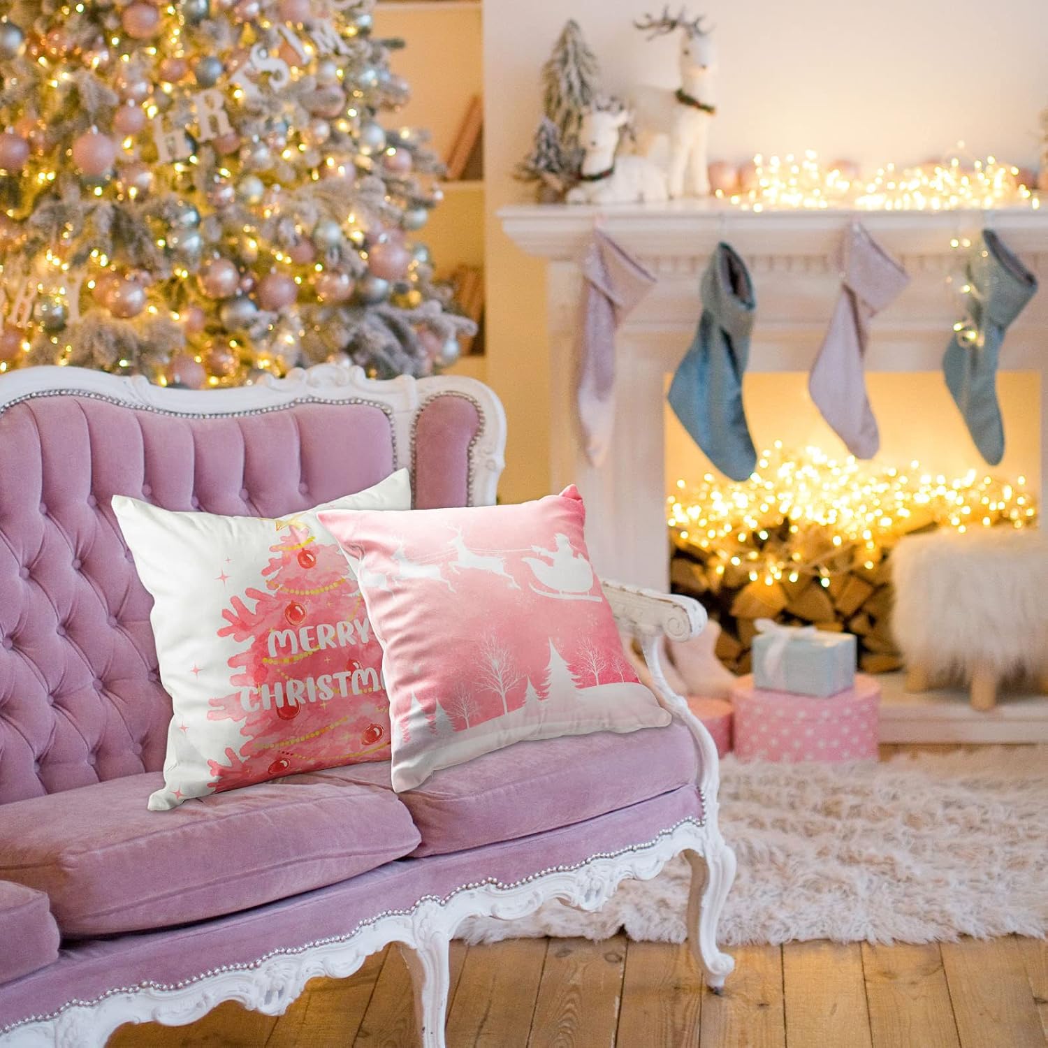 Tatuo 8 Pieces Pink Christmas Throw Pillow Covers 18 x 18 Inch Snowflake Reindeer Pillow Cases Christmas Tree Snowflake Covers Cushion Pillowcase for Sofa Bed