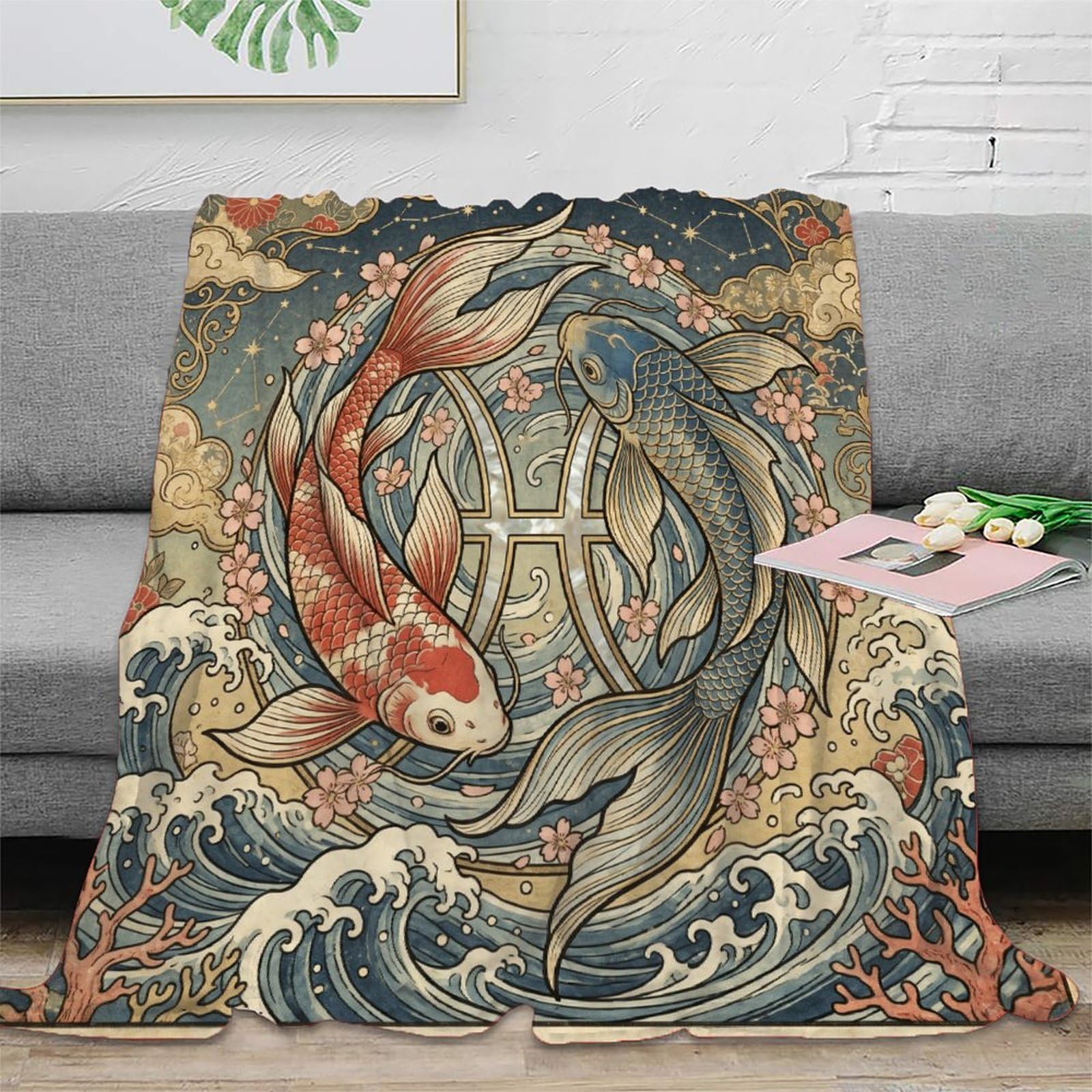 W7C8U2X3 Pisces Zodiac Japanese Koi Flannel Throw Blanket, Sofa Living Room
