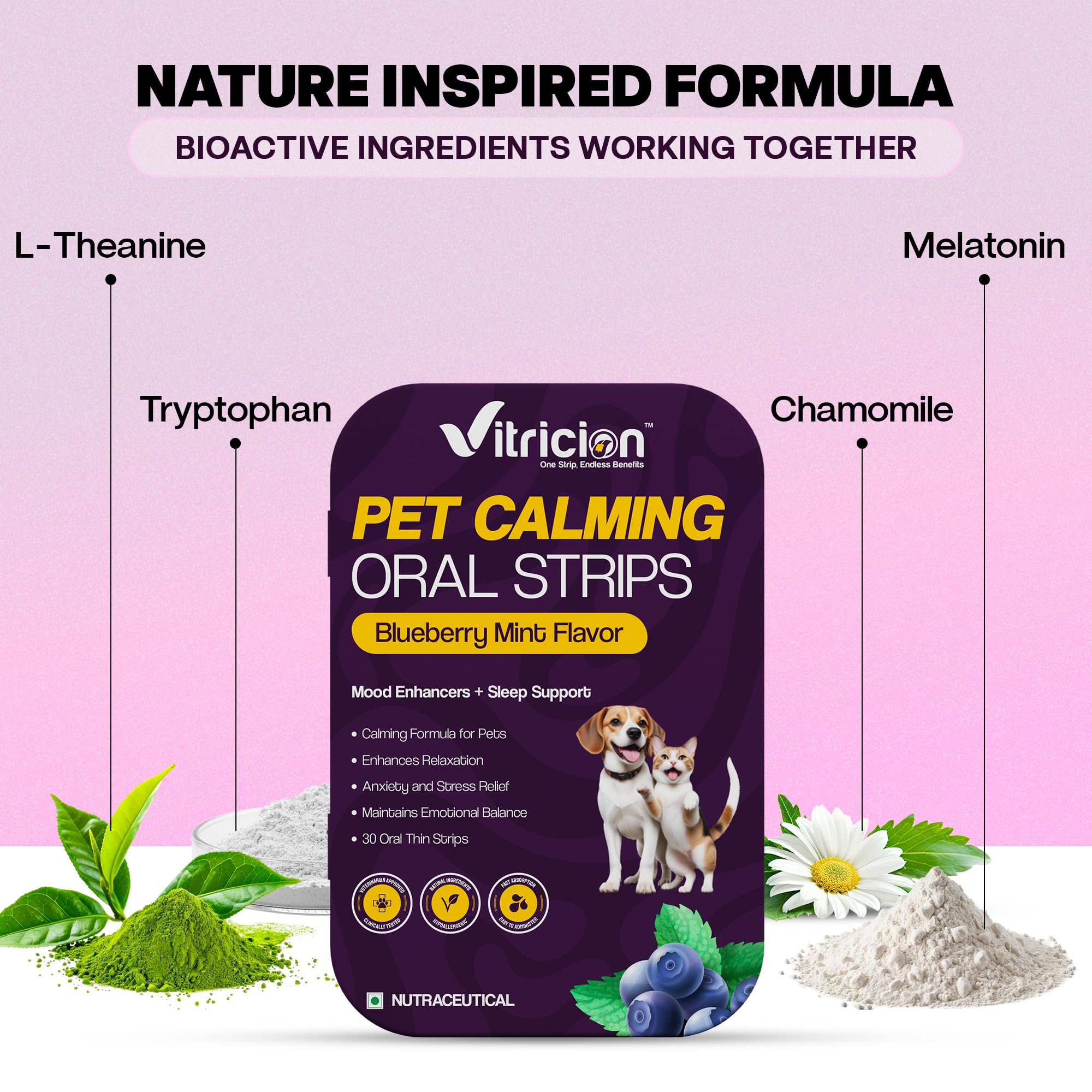 Vitricion Pet Calming Oral Strips for Dogs & Cats, 30 Fast-Dissolving Strips, L-Theanine, Tryptophan, Chamomile, Melatonin, Reduces Anxiety, Aggression & Stress | Vet Approved | Blueberry Mint Flavor 1