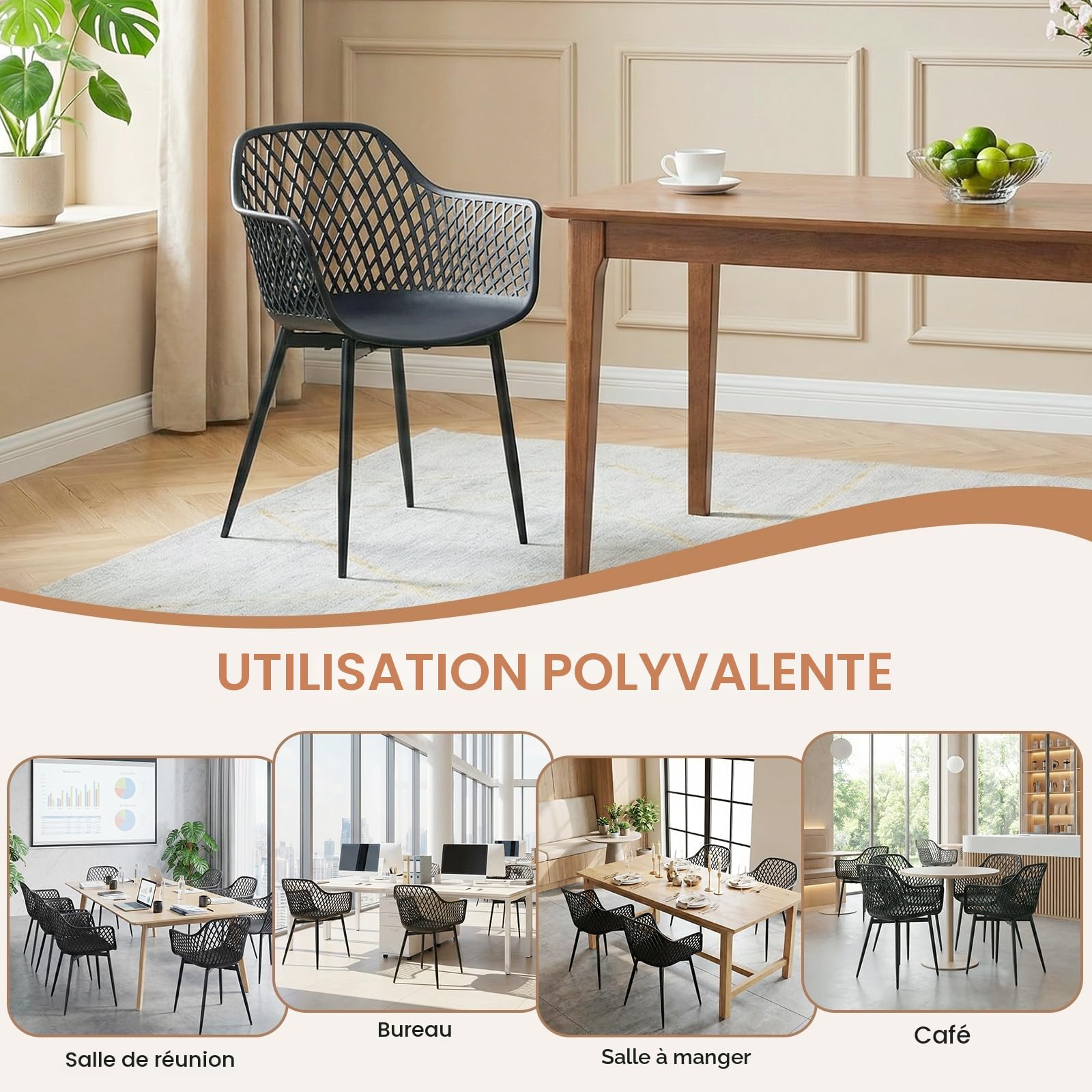 buybyroom Chaise Salle a Manger Lot de 4, Chaise Ergonomique, Chaise de Cuisine avec Accoudoir, Convient pour la Salle à Manger, Le Salon, la Cuisine et la Chambre, Noir