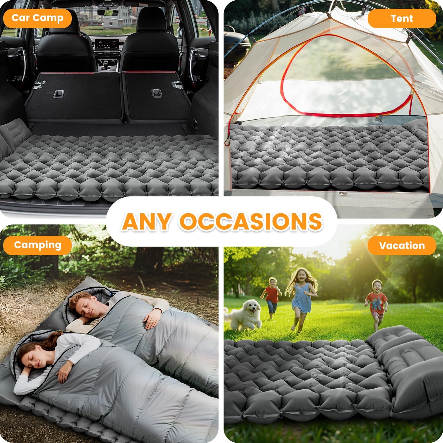 Double Sleeping Pad for Camping, 4" Extra-Thick Ultralight Mat with Built-in Foot Pump & Pillow for Backpacking, Hiking, and Travel Tent, Car Camp Gear