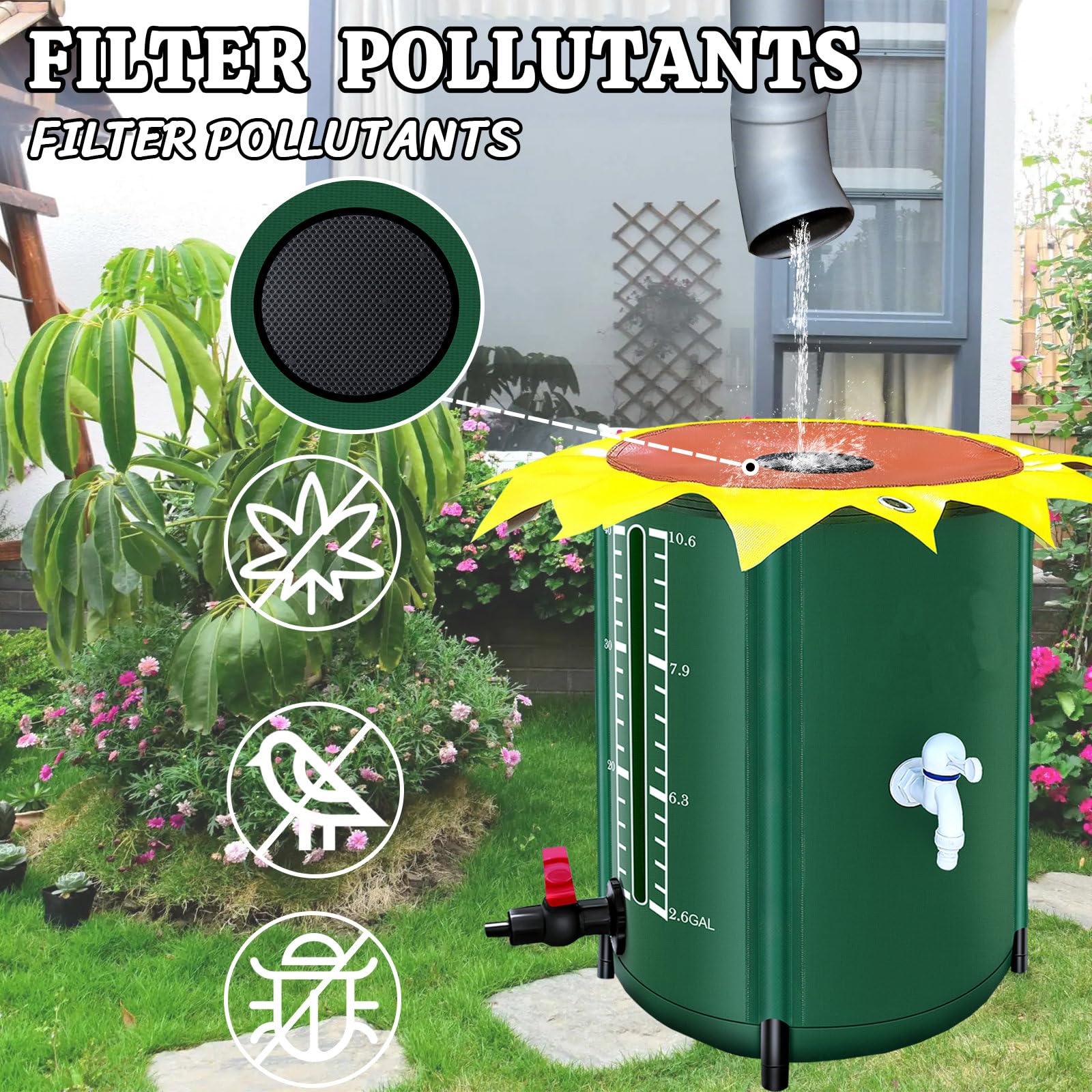 Sistema de barril plegable de recogida de agua de lluvia de 26 galones, solución eficiente de recolección de agua de lluvia con espiga, kit de soporte para tanque de captación, contenedores de
