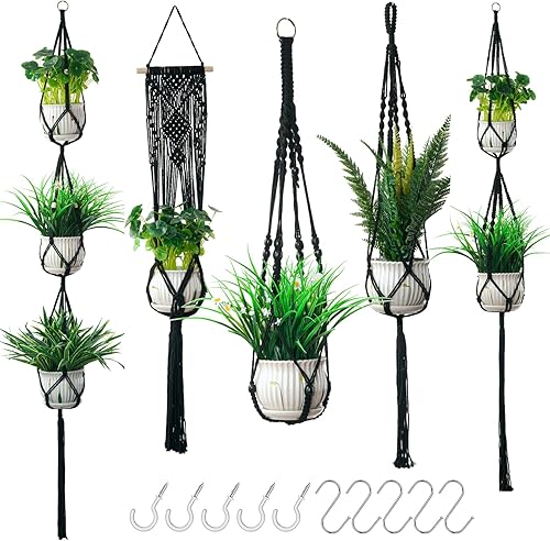 Miniatura 1 de Paquete de 5 colgadores de macramé para plantas con 10 ganchos, juego de macetas colgantes para interiores y exteriores, soporte para macetas, cesta