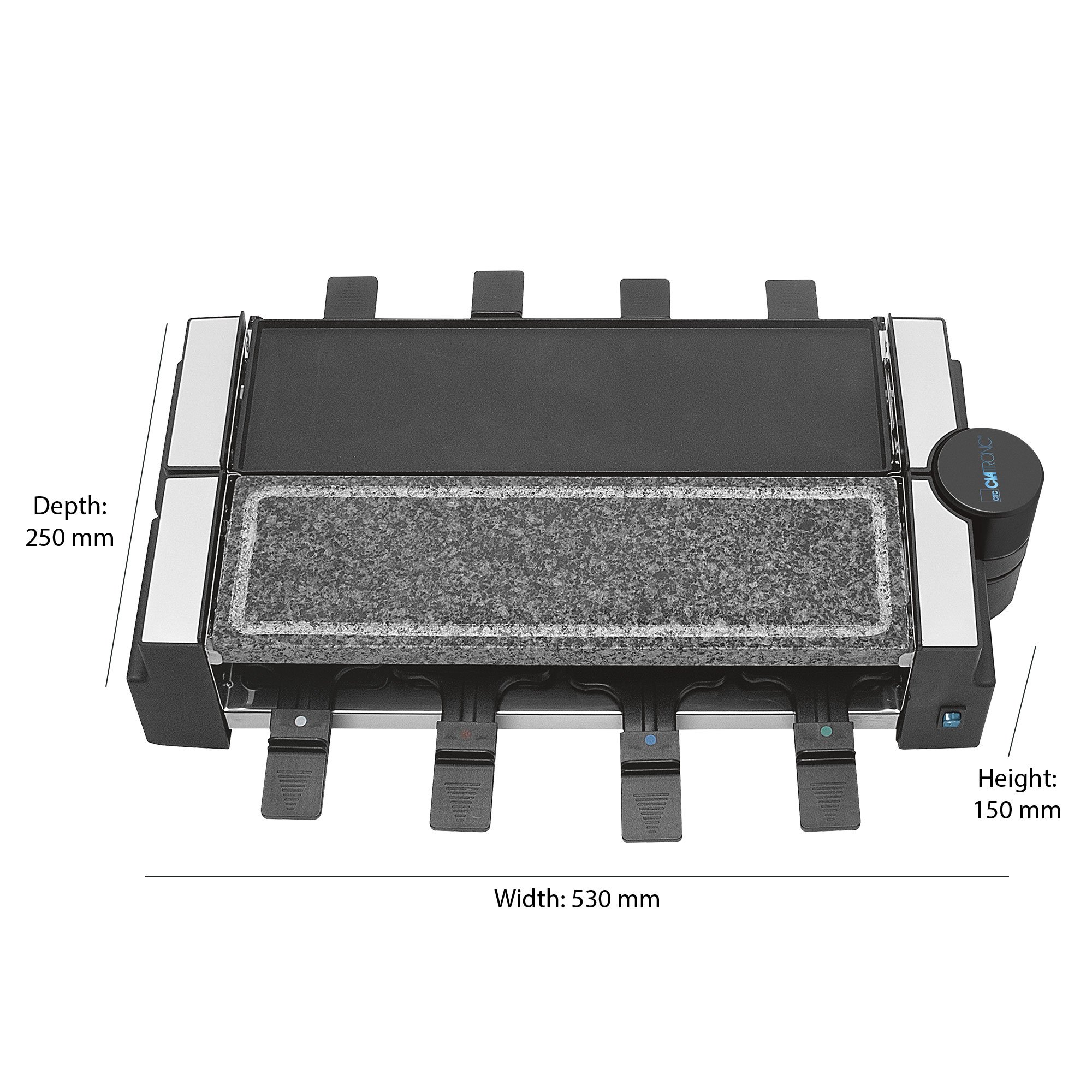 Clatronic RG 3678, 2 w 1 grill raclette, naturalny kamień do grillowania i płyta odlewana z odlewu obrotowego, przegub obrotowy 180°, 8 patelni, może być również stosowany jako raclette dla 4 osób,