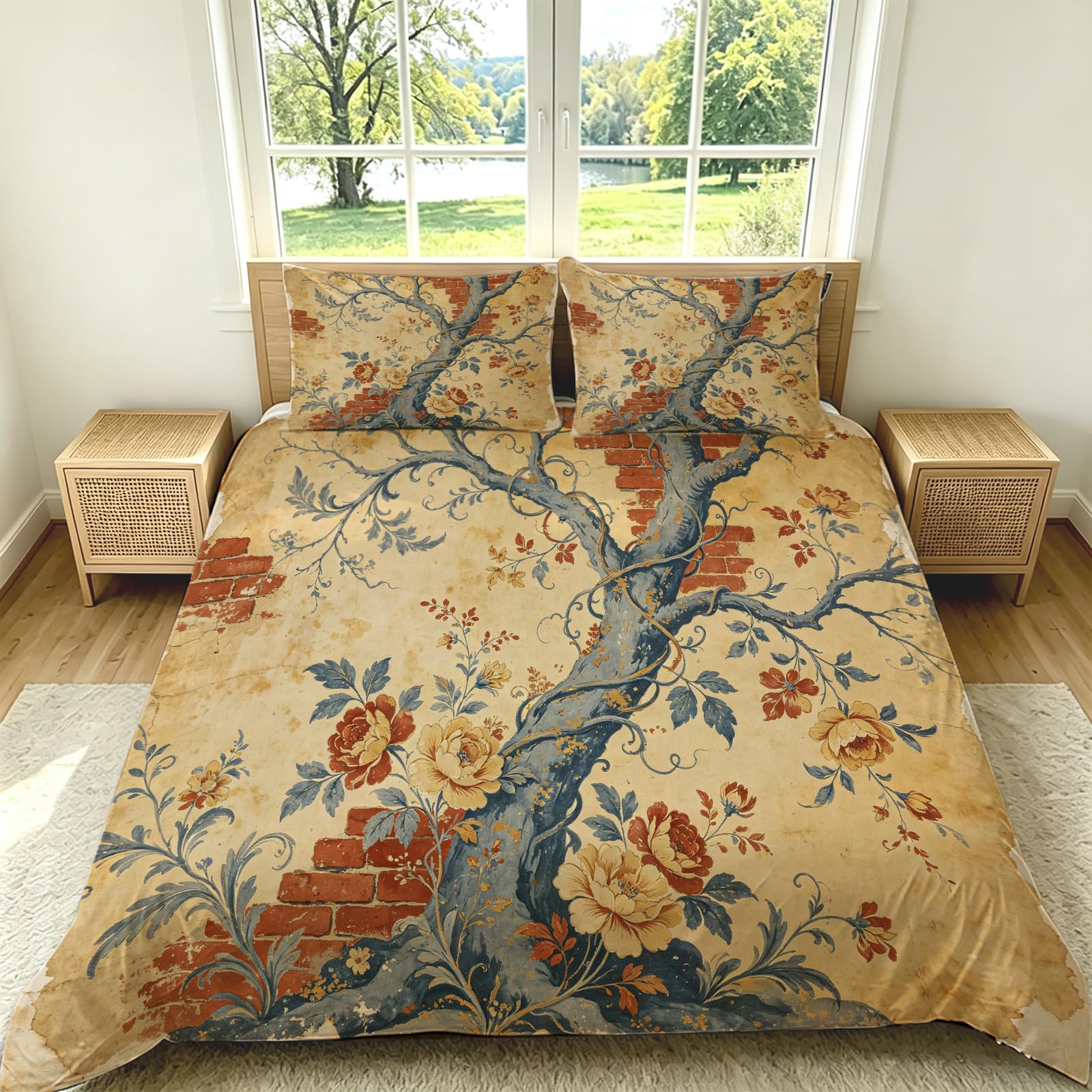 Set Copripiumino Singolo 155x200 cm Fiori Intrecciati Pastorale Retrò Set di Biancheria da Letto in Morbido Traspirante Microfibra 3D con Copripiumino e 2 Federe 50x80 cm Beige G-1795