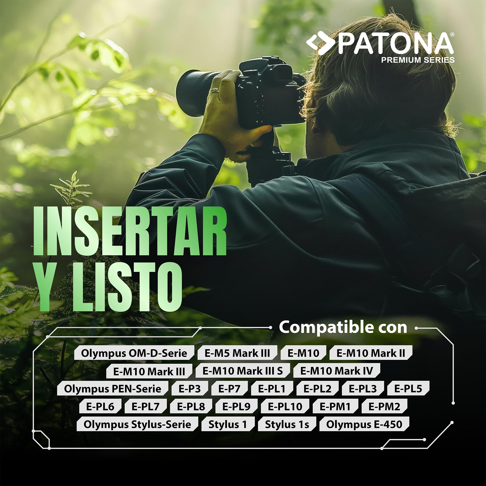 PATONA 2X Premium Batería 1100mAh – Recambio para Olympus BLS-5, BLS-50, PS-BLS5 – para OM-D E-M10 II-IV, E-M5 III, Pen E-P3, E-PL2 a E-PL9, E-PM1, E-PM2, Stylus 1 – una dispara, Otra Carga