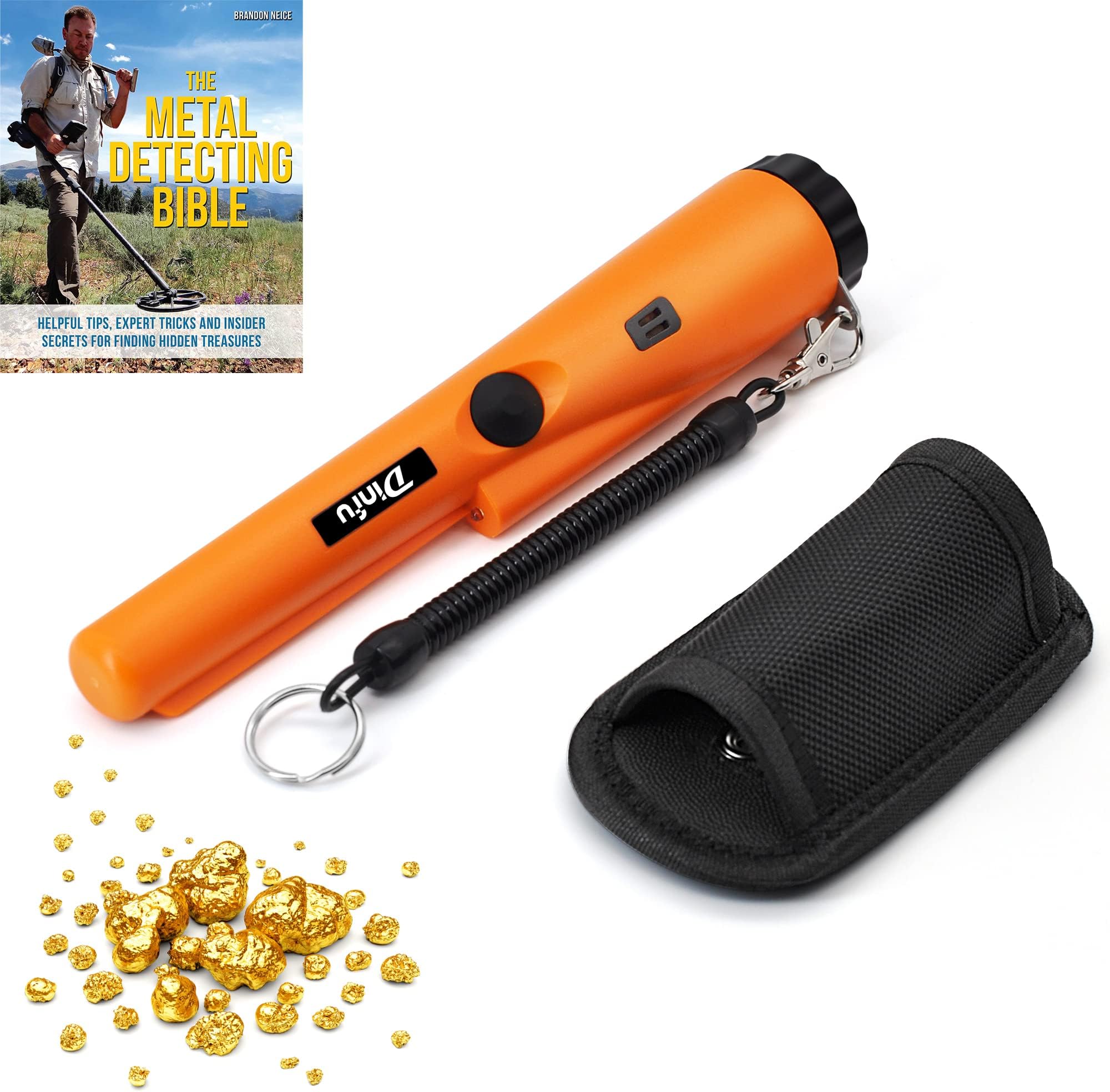 Dinfu Metal Detector,Portable Waterproof Handheld Detector Treasure Metal Finder Probe Detectors with Holster, Pinpointer Detectors Wand for Locating Gold, Coin,Silver,(Three Mode) Orange