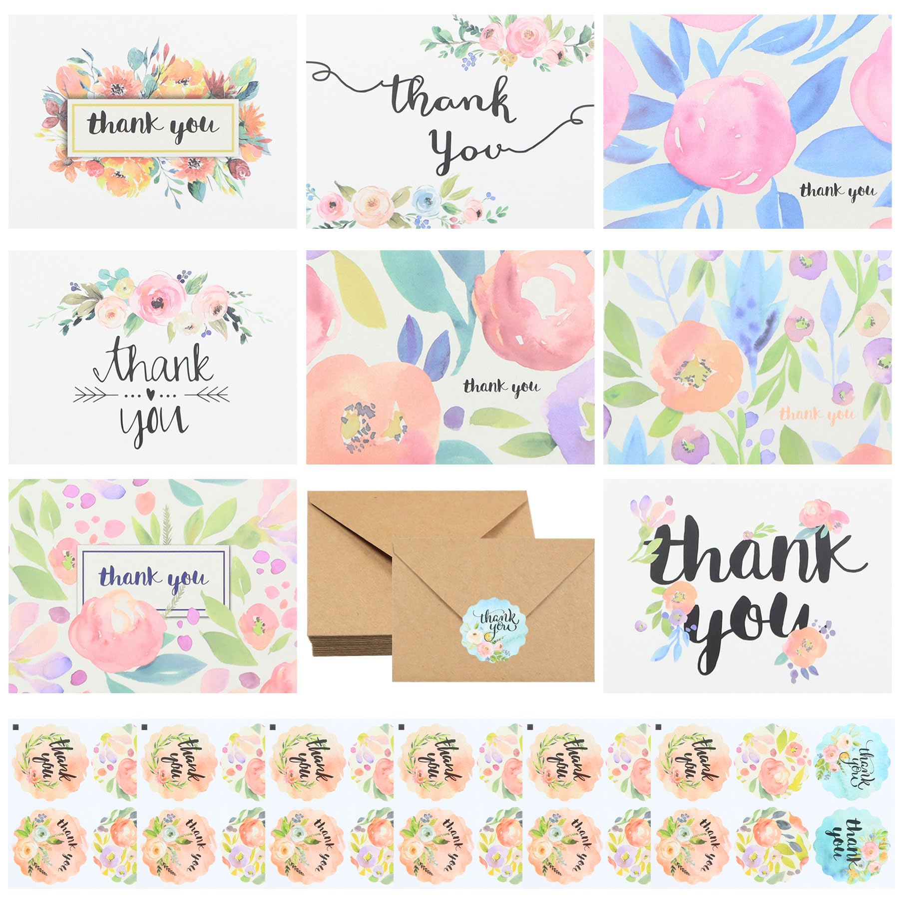 Hseonmauyi 24 Pack Flower Thank You Cards with Envelopes and Stickers, Blank Greeting Cards for Writing and Artistic Creation, Kraft Paper Thank You Greeting Card Set for Birthday, Graduation, Wedding