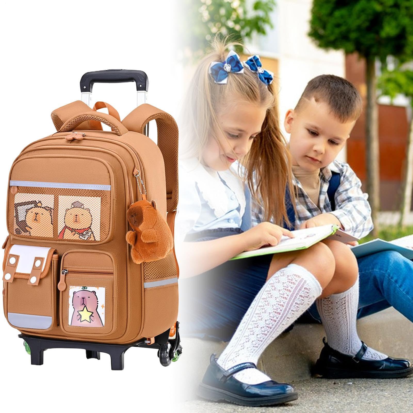 Mochila con Ruedas Bolsa de Gran Capacidad con Asa Retráctil y Altura | Estampado de Capibara en Mochila con Ruedas para Viajes, Escuela, Trabajo, Avión, Negocios, Niños, Niñas,