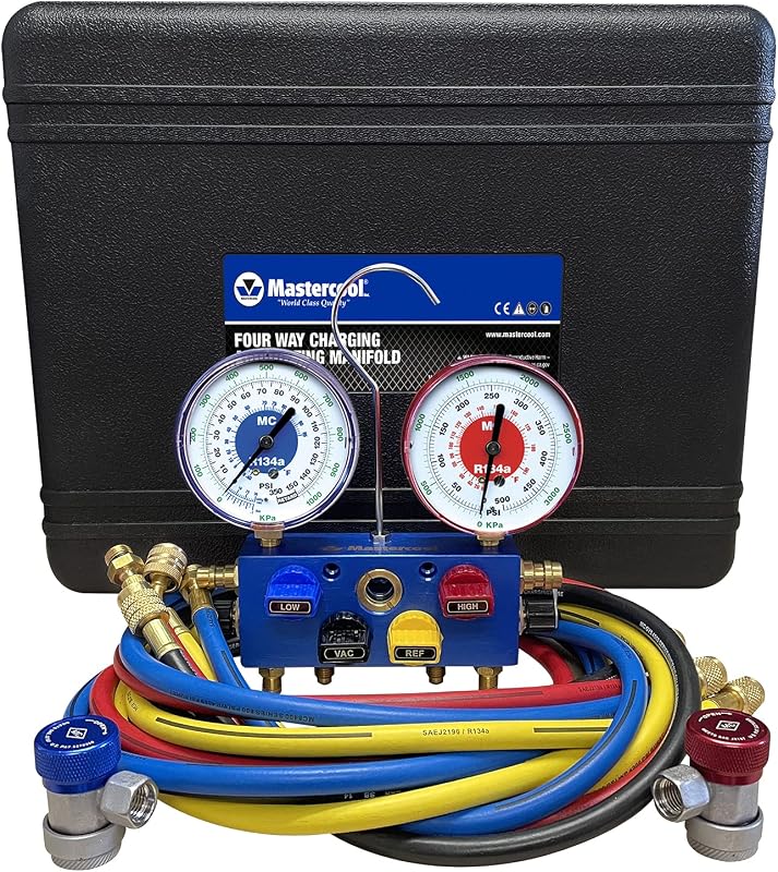 Conjunto de Manifold com Manômetros de 4 Vias Mastercool 86972 para R134a – 4 Mangueiras