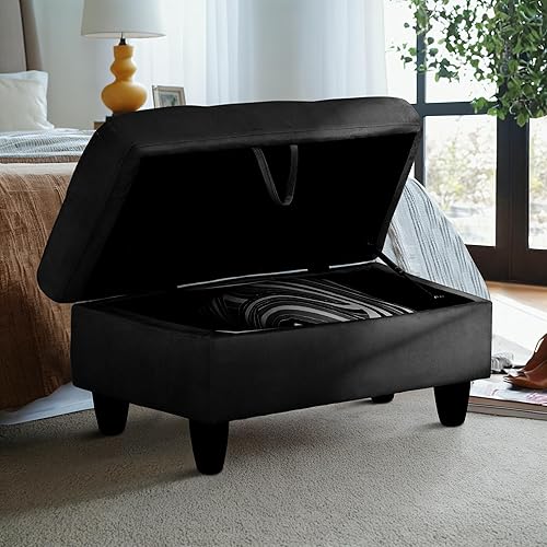 Miniatura 5 de GRETERST Banco otomano rectangular de almacenamiento, reposapiés de franela con tapa con bisagras para sala de estar, dormitorio, entrada, negro,