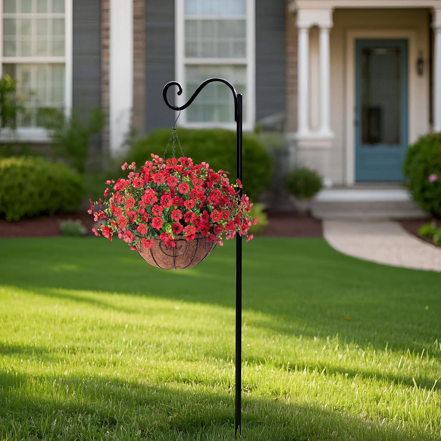 Artificial Flowers Hanging Basket for Outdoor Indoor Spring Summer Decoration,Fake Silk Colorful Daisy Eucalyptus in 12" Coconut Lining Flowerpot Arrangement for Home Patio Yard Decor(Red) - Image 4