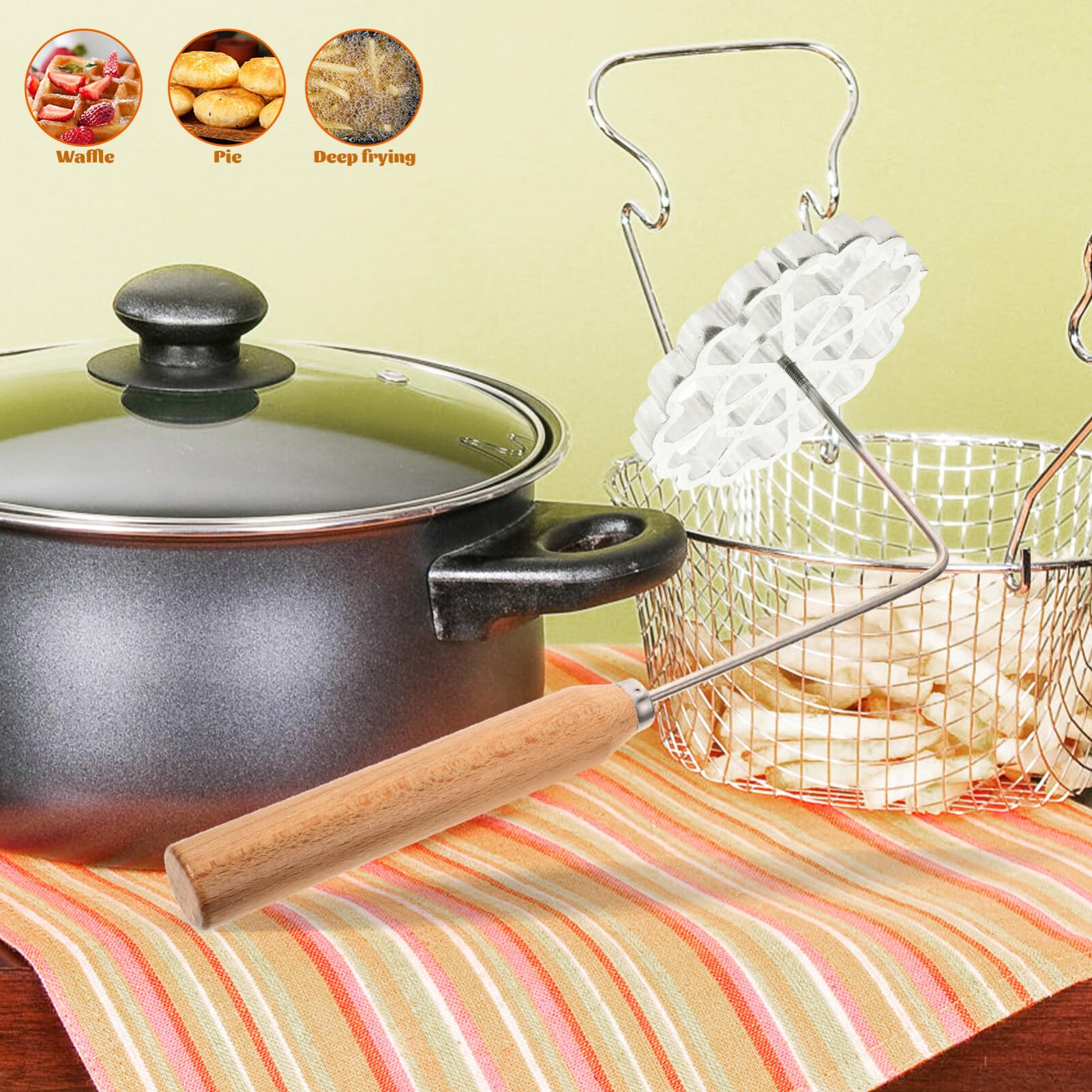 BESTonZON Aluminum Waffle Molds, Bunuelos Mold with Handle, Wooden Handle Bunuelos Mold, Rosette Maker Cookie Bunuelos Tools, Rosette Timbale Iron Funnel Cake Ring for Kitchen Baking Cooking