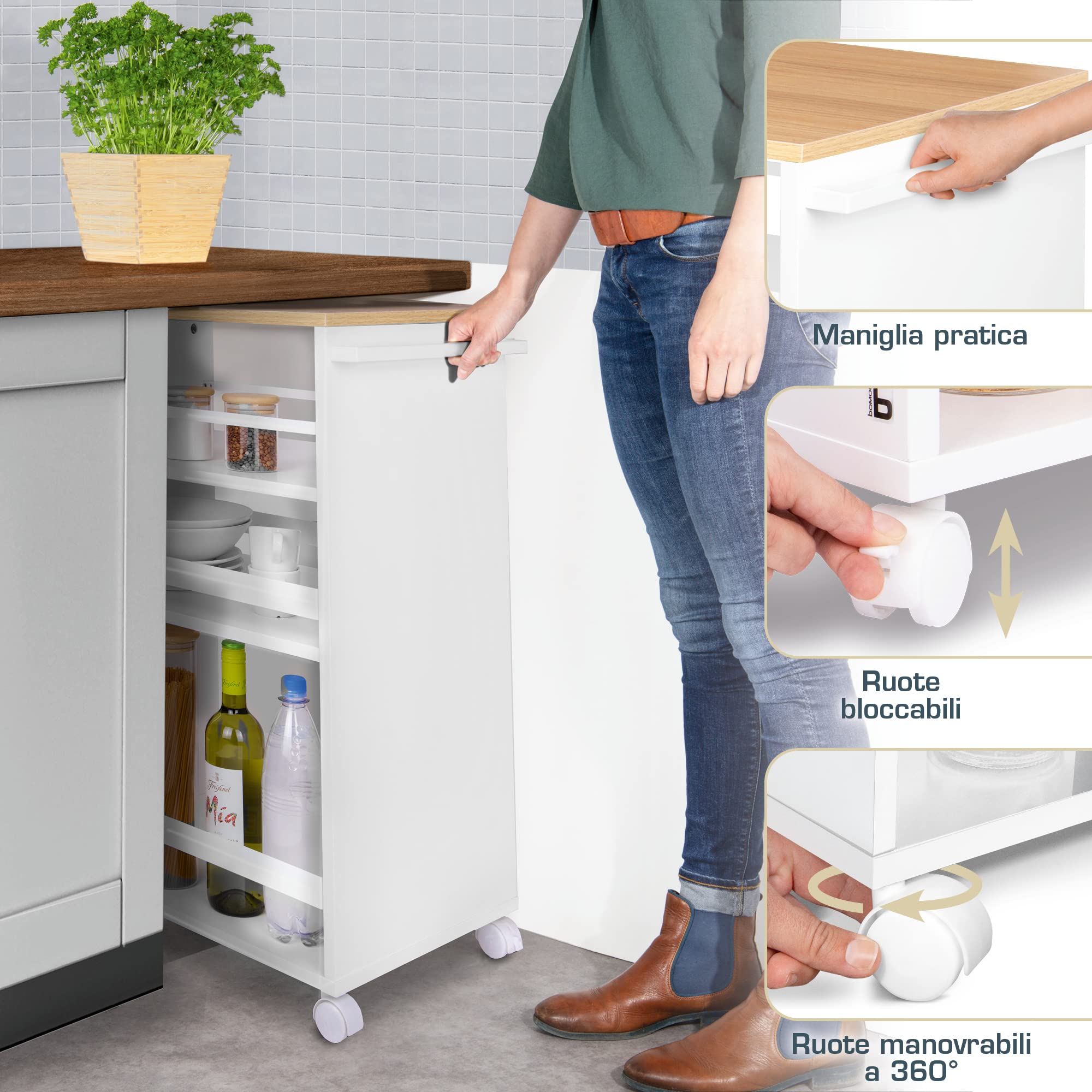 bomoe Carrello da Cucina Su Rotelle Con 3 Livelli Regolabili - Legno FSC® di Alta Qualità Universale per Cucine e Bagno - Bengt Rovere e Bianco