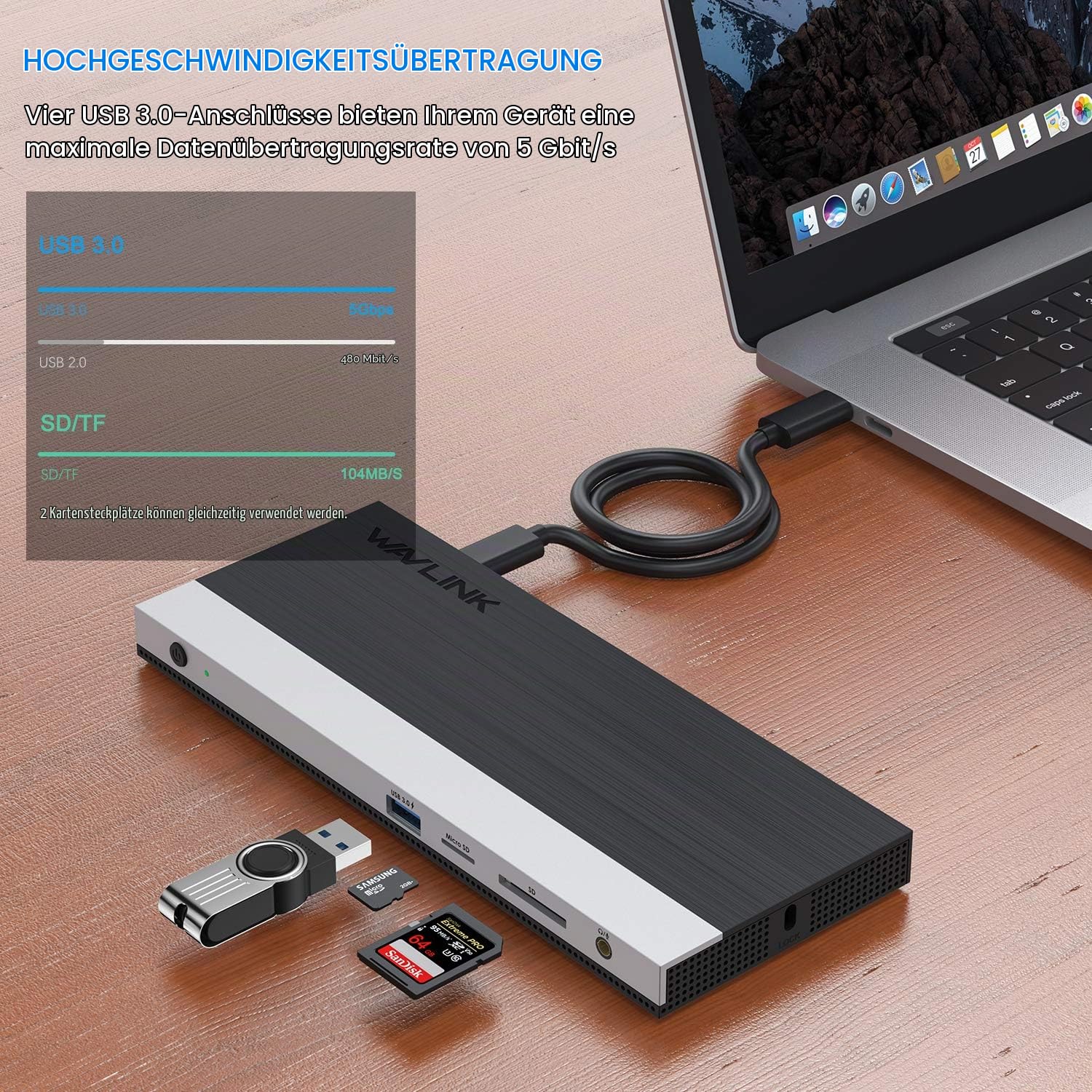 Docking Station Triple Display Hub, 13 in 1 Dockingstation, WAVLINK USB-C Adapter mit 2 * 4K DP, HDMI,mit 100W Netzteil(65W PD) Ethernet,4 USB3.0, SD/TF,Audio, USB C-Dock