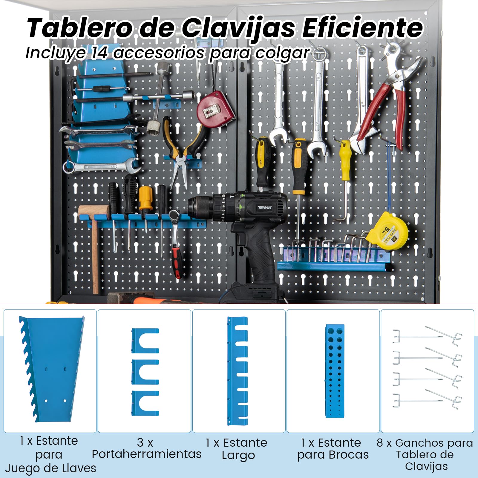 COSTWAY Banco de Trabajo con Tablero Perforado, Banco de Trabajo para Almacenamiento de Herramientas con Estantes y Cajones, 14 Accesorios para Colgar, Mesa de Trabajo para Garaje (Negro y Azul)