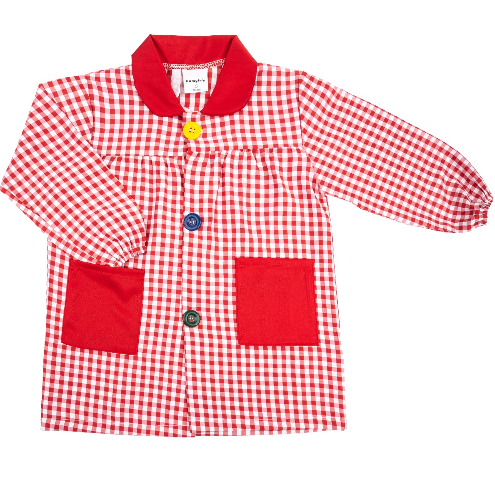 HOMYBABY® Babi escolar infantil para guarderia y colegio con botones - Bata escolar para niño o niña - Baby escolar infantil fácil de poner y quitar con bolsillos y puños cerrados (Red, Size 1)