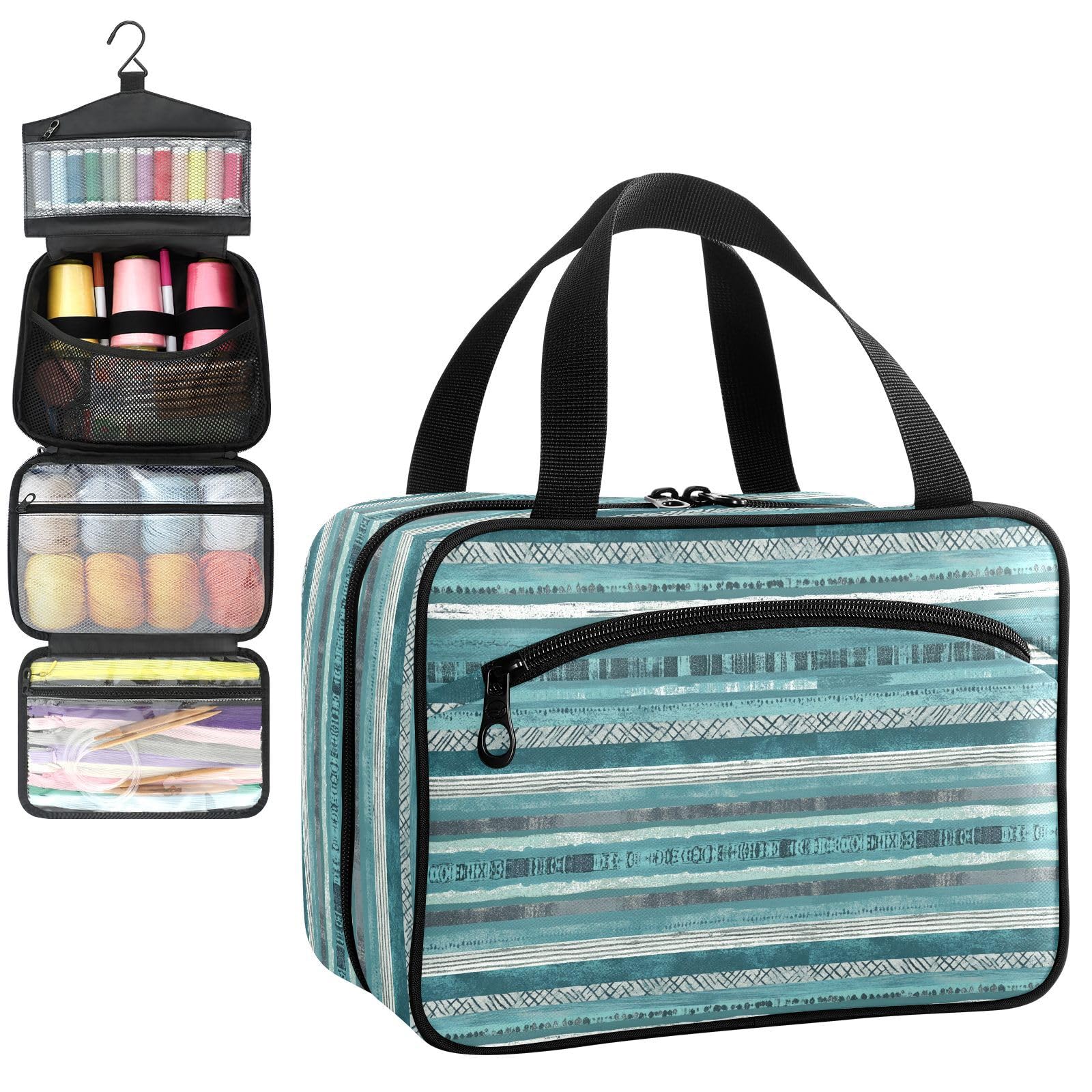 YNNALE Sewing Supply Organizer Bag, Teal Blue Abstract Lines Striped Portable Sewing Bags with Pockets&Hanger, Sewing Storage Box Case for Sew Supplies/Kit/Tools/Accessories (BAG ONLY)