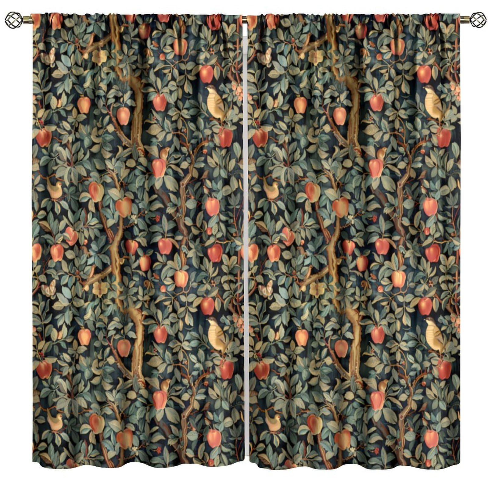 PHTAYOT William Morris Style Curtains, Retro Bohemia Botanical Floral Bird Print for Room Window Decor, Rod Pocket Drapes for Living Room Bedroom