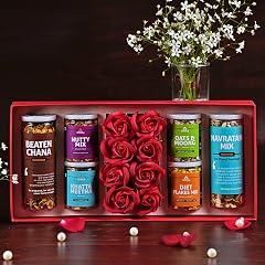 Omay Foods 14 Pcs NUTRI-HEART Gift Box | Healthy Snacks & Roses | Gift Hamper for Girlfriend, Wife, Boyfriend, Husband | Unique Anniversary Gift for Couples | Marriage Gift Hamper | Gourmet Snack Box