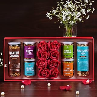 Omay Foods 14 Pcs NUTRI-HEART Gift Box | Healthy Snacks & Roses | Gift Hamper for Girlfriend, Wife, Boyfriend, Husband | Unique Anniversary Gift for Couples | Marriage Gift Hamper | Gourmet Snack Box