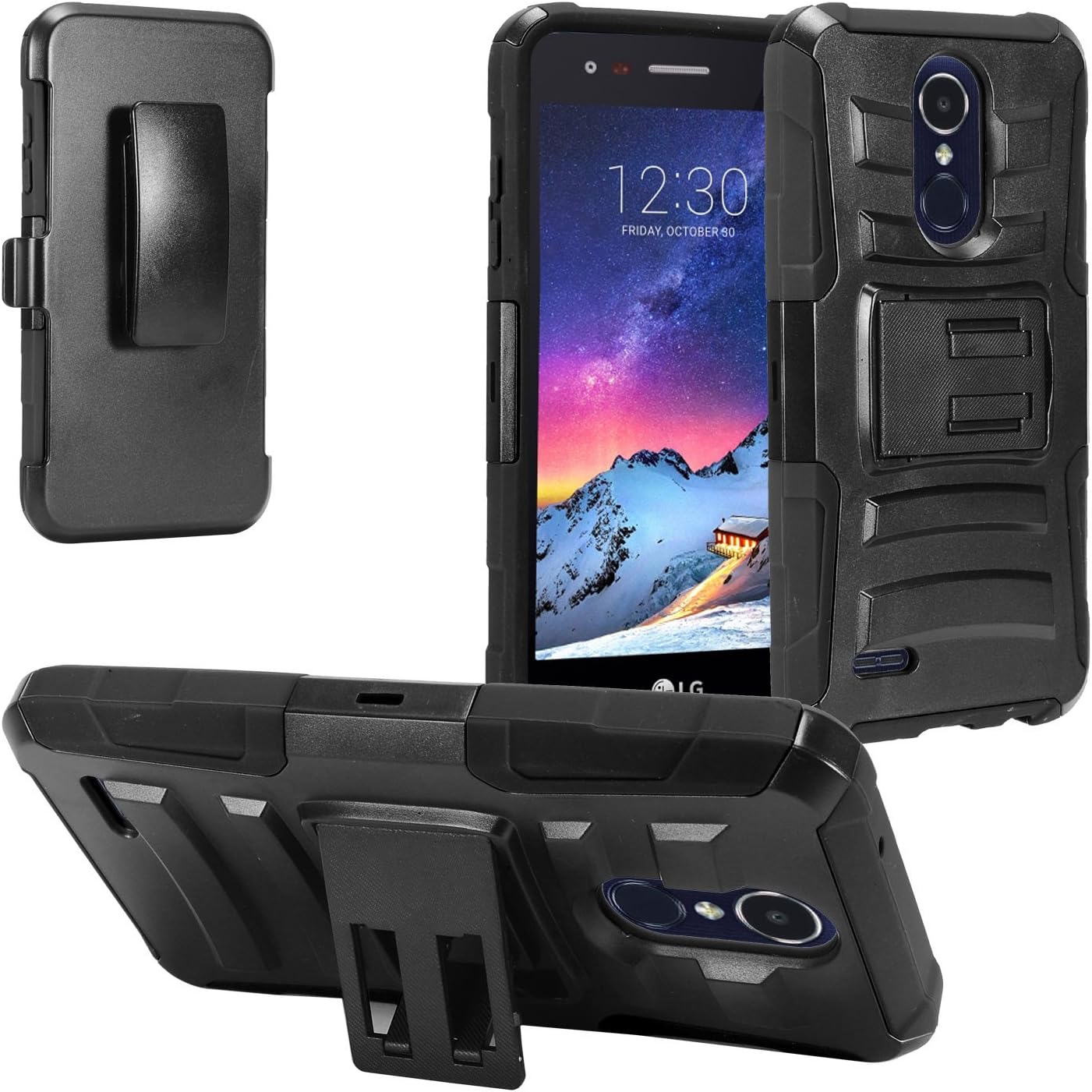LG Tribute Empire/Dynasty, Aristo 3, Aristo 2 / 2 Plus, Phoenix 4, Fortune 2, Risio 3, Zone 4, Rebel 4, LG K8/K8+ 2018 - Hybrid Case w/ Belt Clip Holster + Tempered Glass Screen Protector - CV1 Black