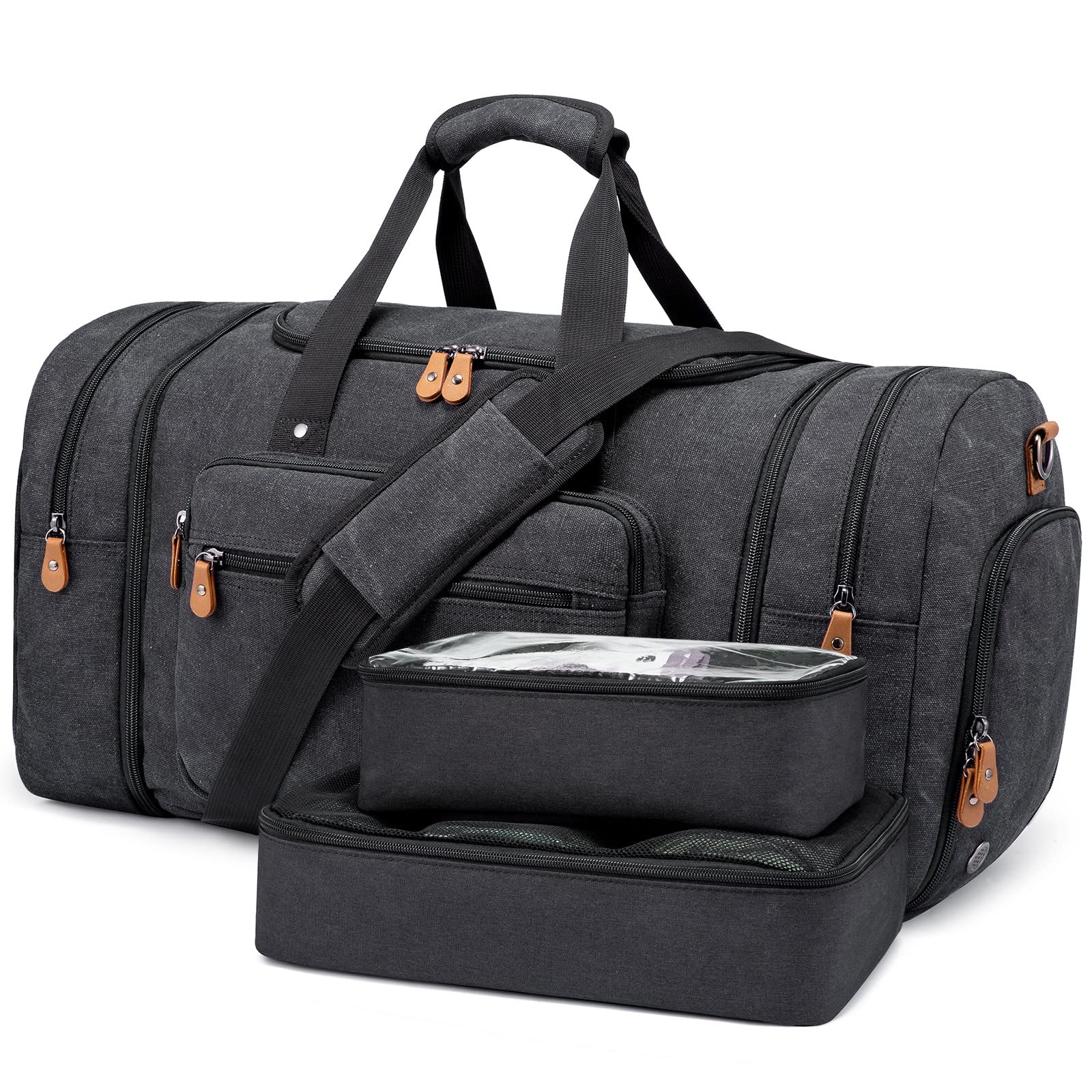 Sucipi Canvas Travel Duffel Bag for Men, Weekend Overnight Bag with Shoe Compartment and Toiletry Bag, Carry-On for Airplanes, Dark Grey