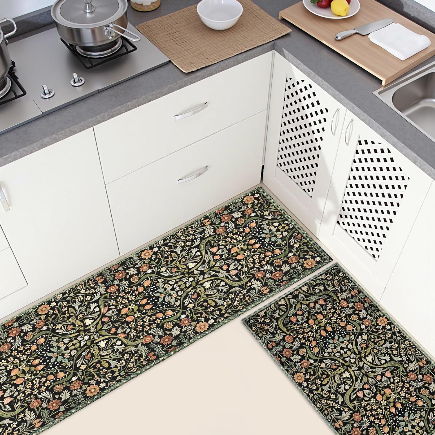 Vintage Spring Floral Kitchen Rugs Sets of 2 Non Slip Black Boho Flowers Botanical Kitchen Mats for Floor with Rubber Backing Washable Kitchen Runner Rug Carpet 17"x47"+17"x30" for Hallway Laundry